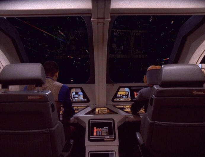 Jake and Nog look out of the viewscreen of the runabout U.S.S. Shenandoah and see Jem'Hadar fighters in 'Valiant'