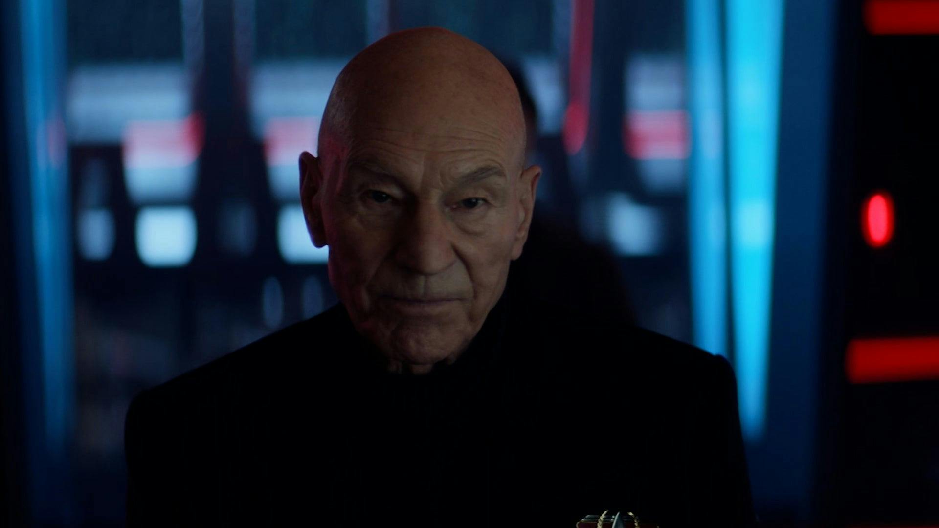Picard looks straight ahead glumly on the Titan bridge
