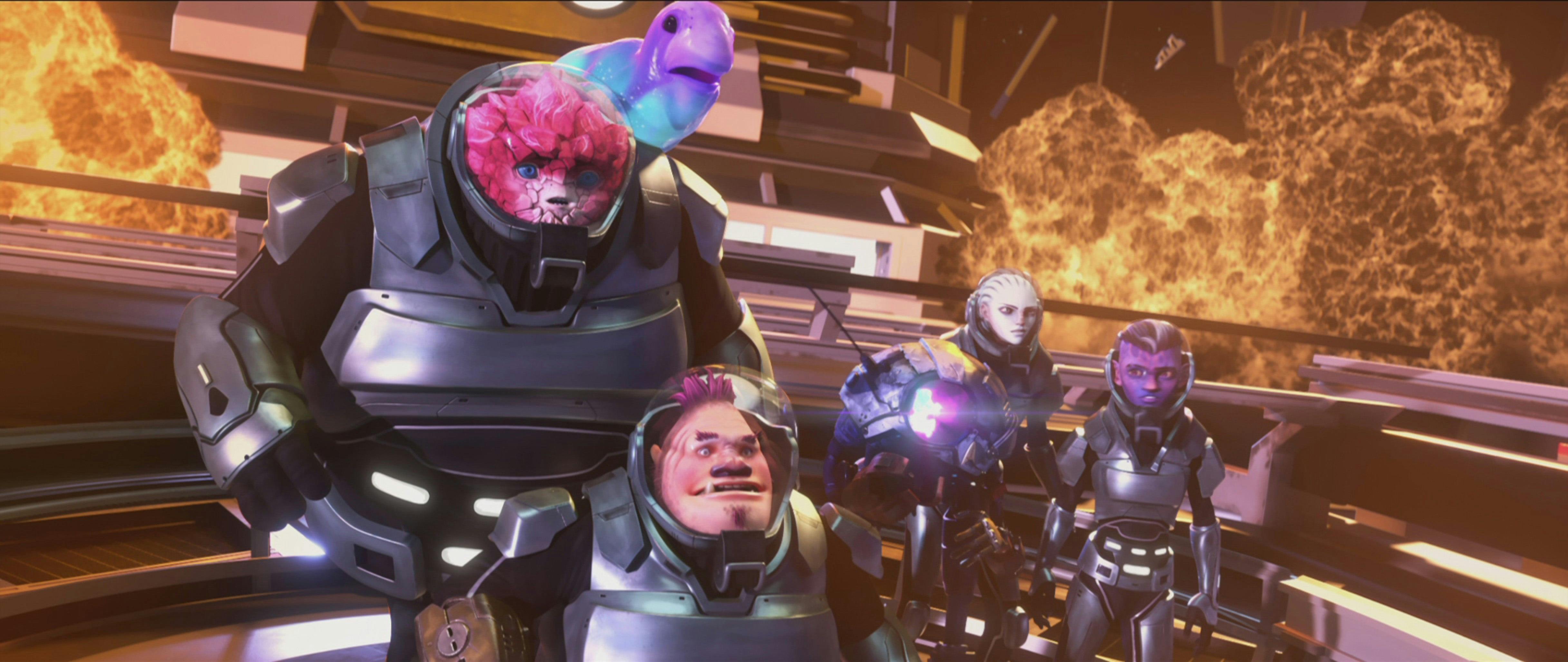 The worried Protostar crew Rok-Tahk, Murf, Jankom Pog, Gwyn, Zero and Dal wear space suits as their flanked by explosions around them on Star Trek: Prodigy