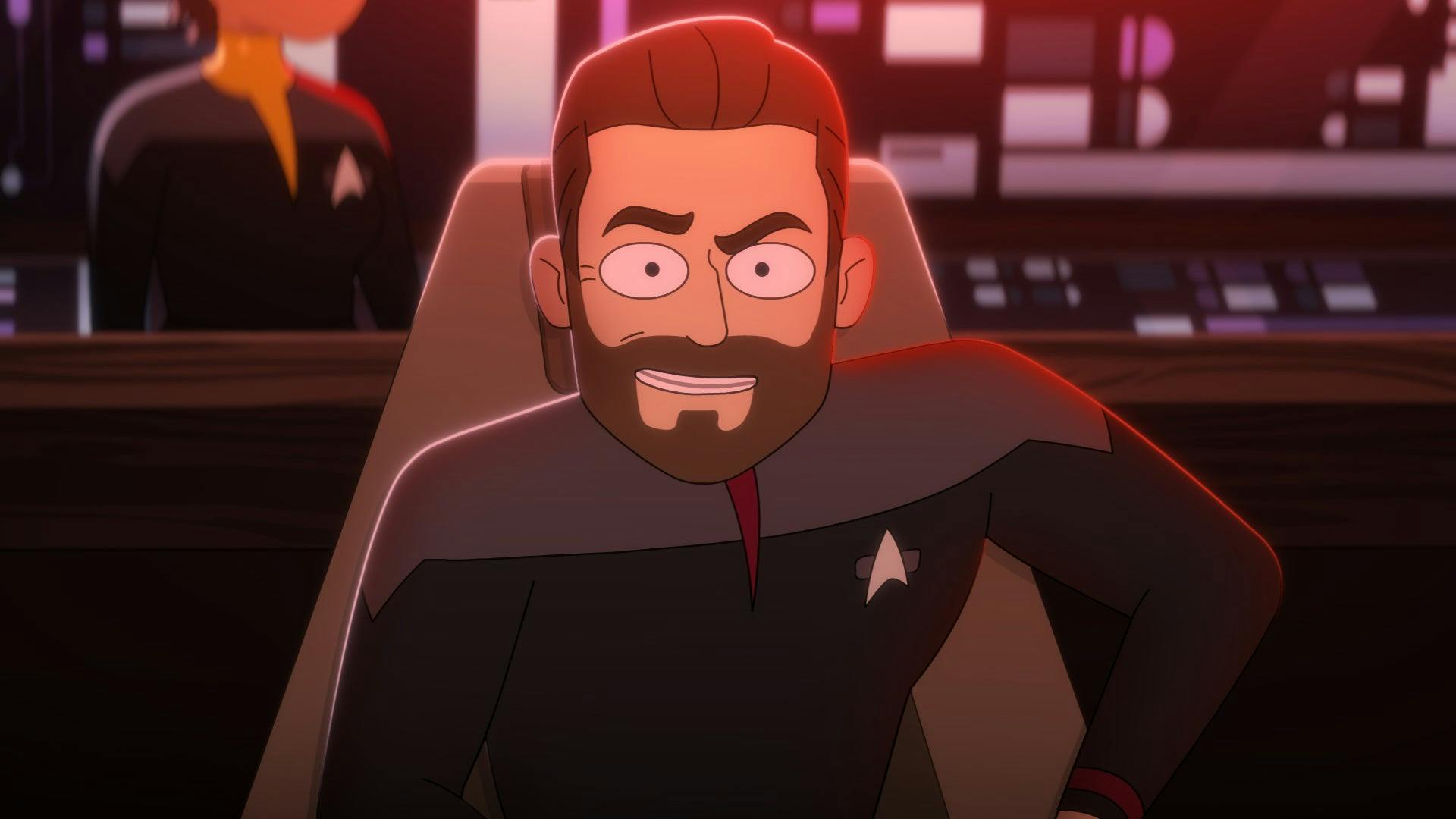 Close-up of Captain Riker, focused and seated in the center seat on the Titan, as they rush in to save the Cerritos from a Pakled attack in 'No Small Parts'