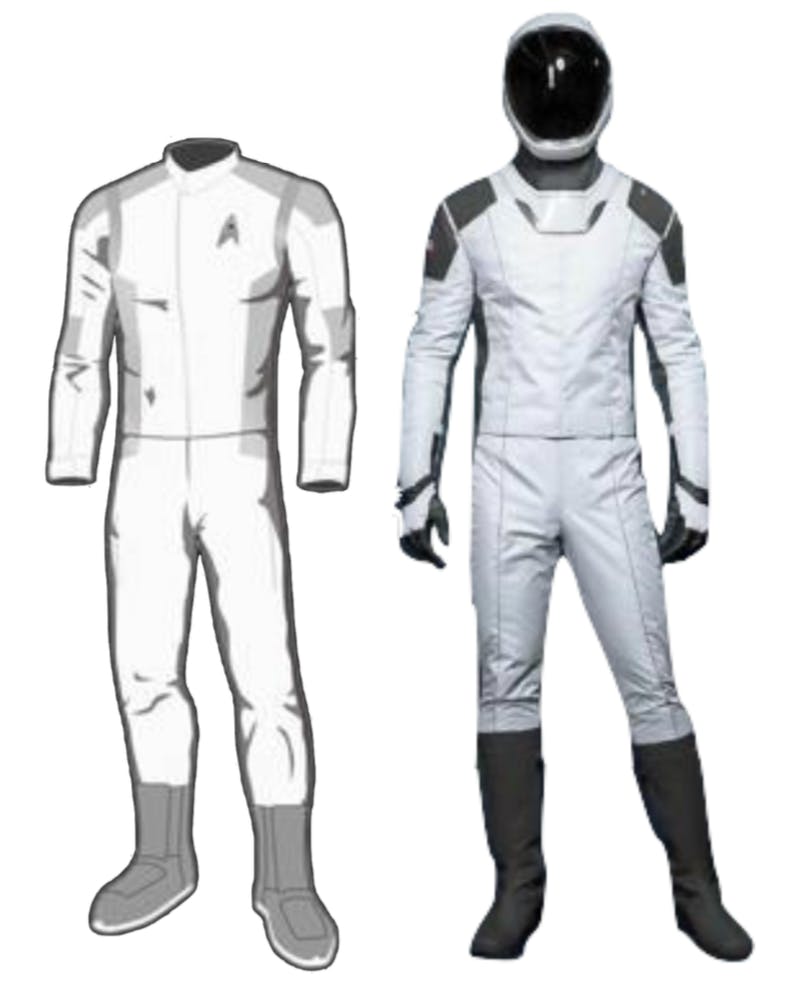 An illustration of Star Trek: Discovery’s medical Starfleet uniform (right), next to SpaceX’s IVA suit design. 