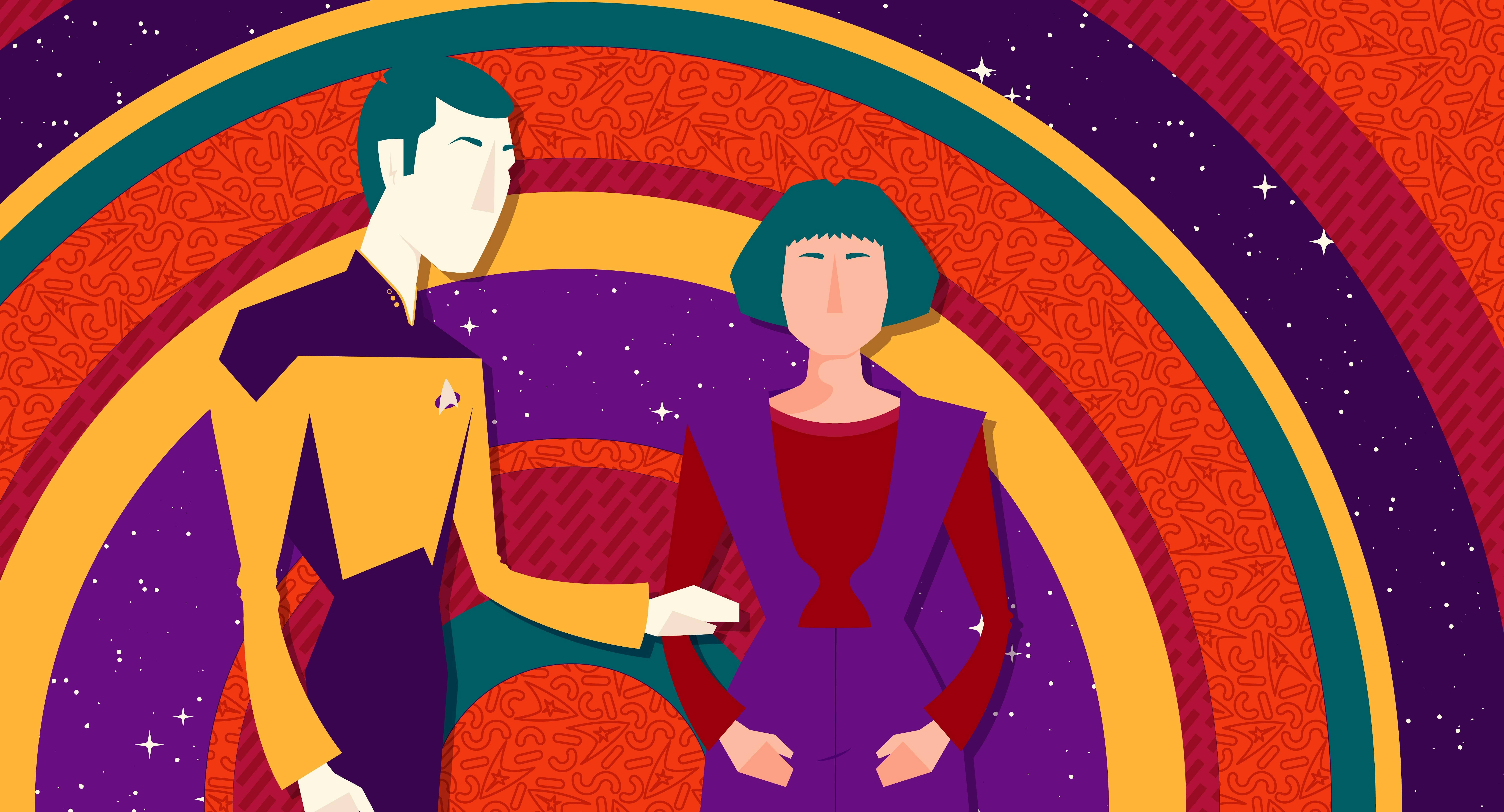 An illustrated version of Data and Lal stand against a background of purple, yellow, red, and green circles.