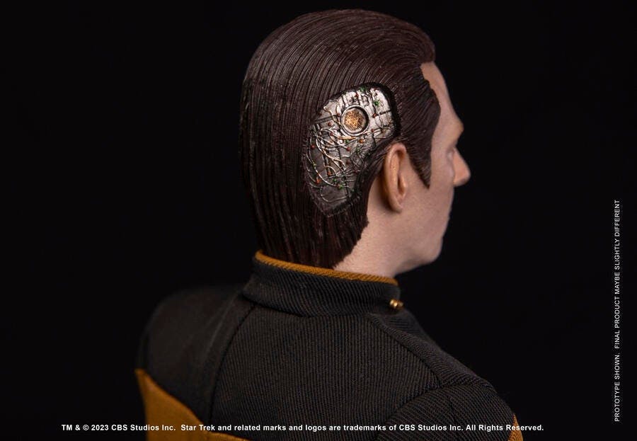 EXO-6 | Close-up of Star Trek: The Next Generation Data figure with his head's cybernetic panel exposed