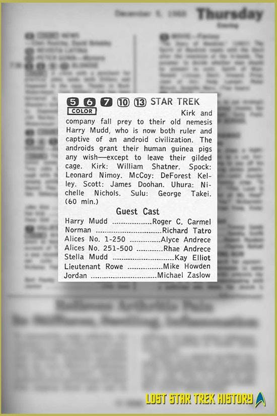 TV Guide listing from Star Trek's 'I, Mudd' first airing, including the synopsis, cast, and guest stars for the episode