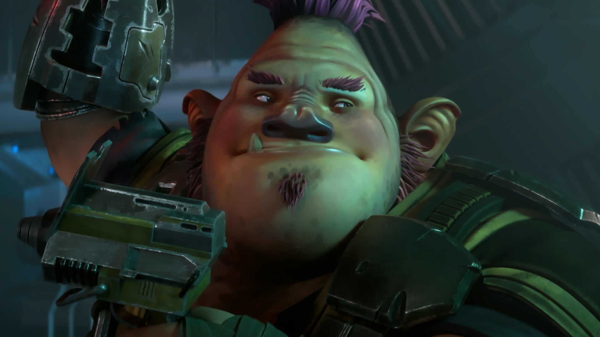 Close-up of Jankom Pog looking over his left shoulder on Star Trek: Prodigy