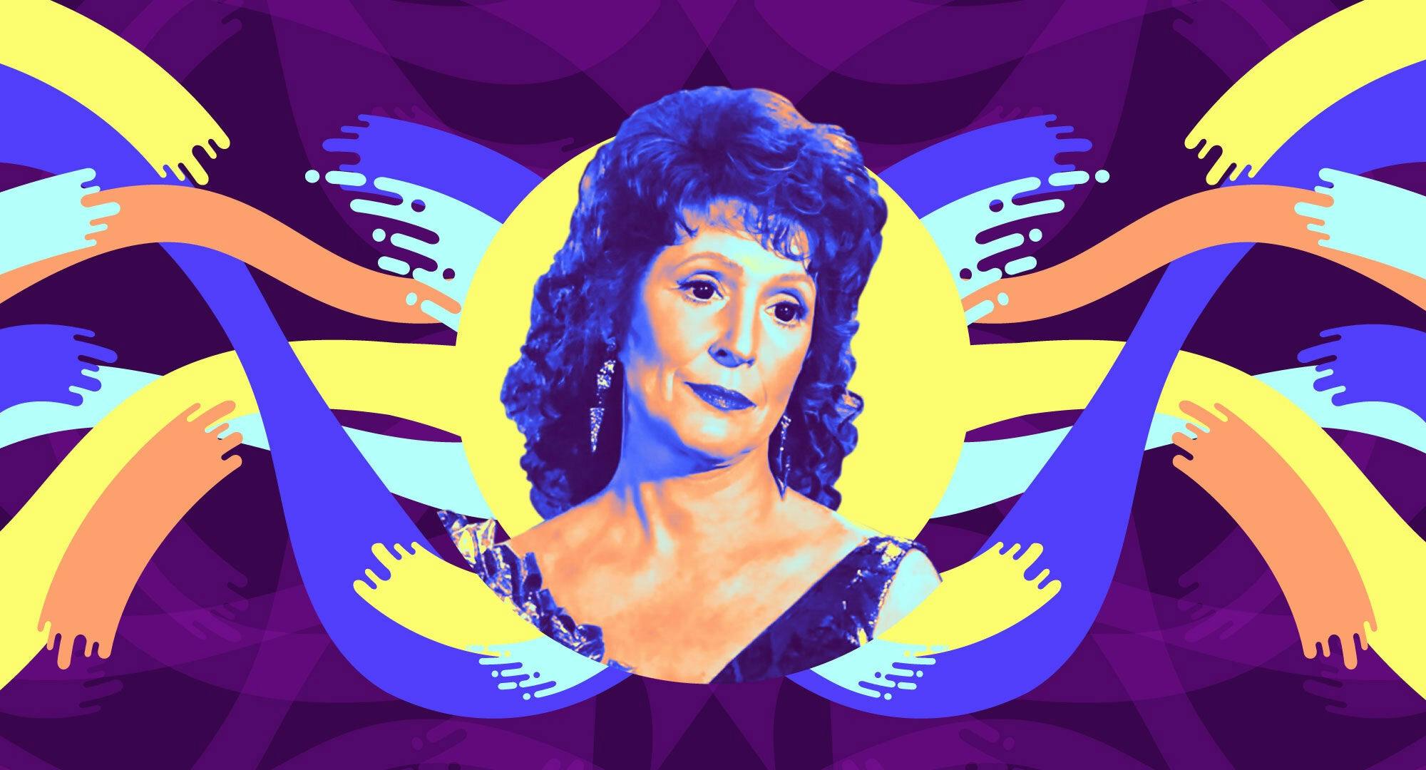 Illustrated banner featuring Lwaxana Troi