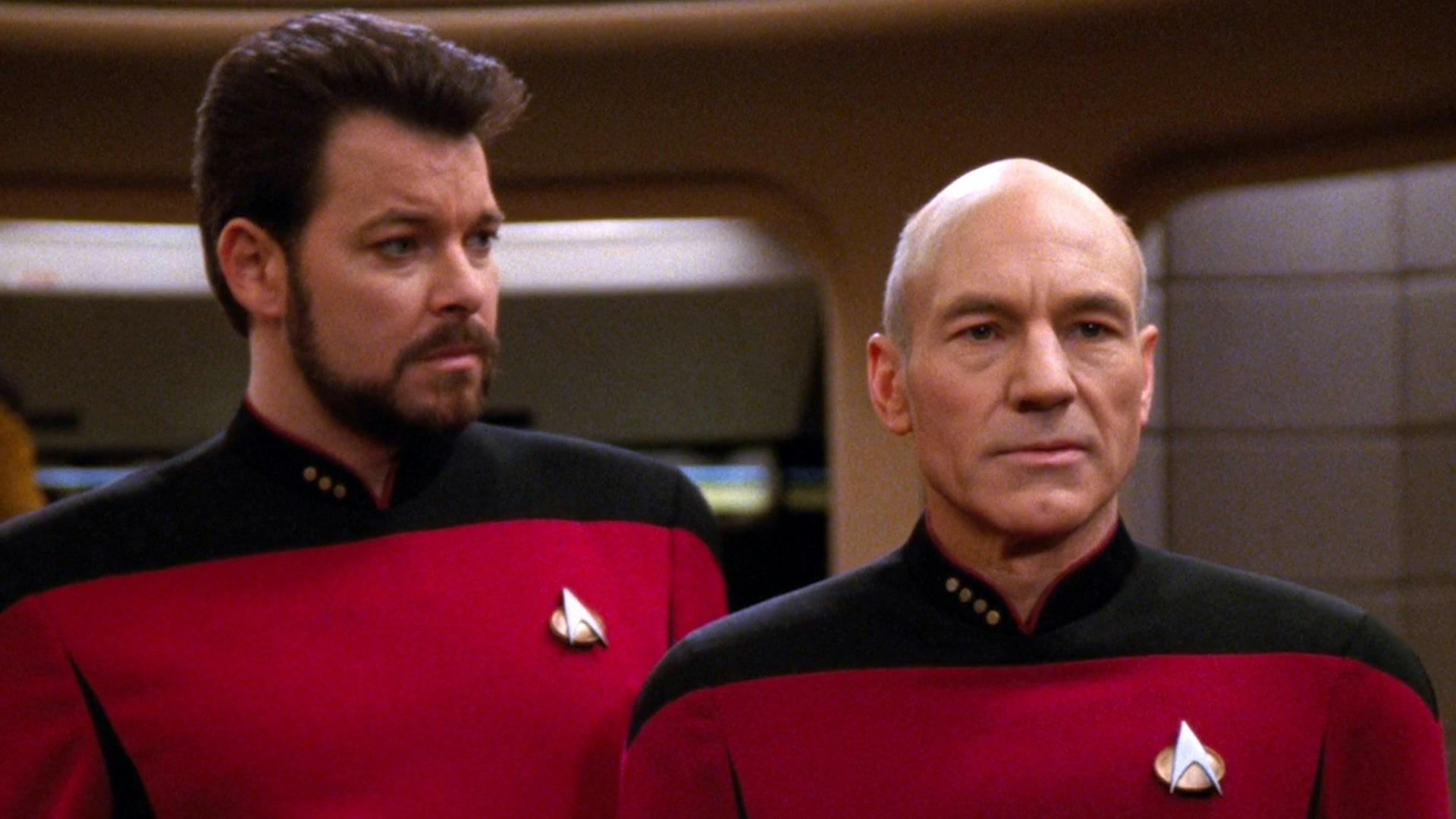 Riker looking at Picard on the bridge with concern, Star Trek: The Next Generation 