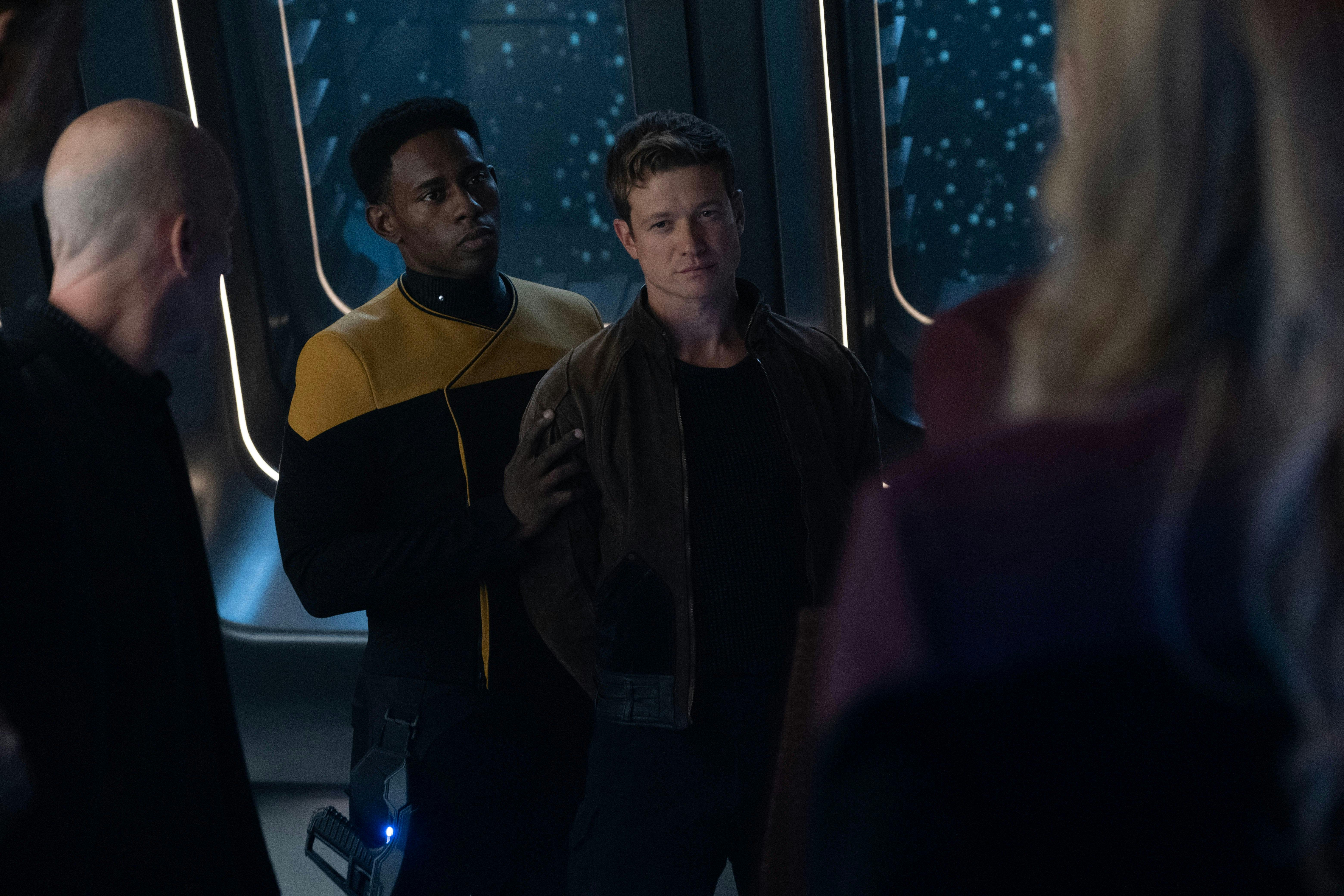In the Observation Lounge, Security has arrived to take Jack Crusher to the brig as Picard and Seven looks on
