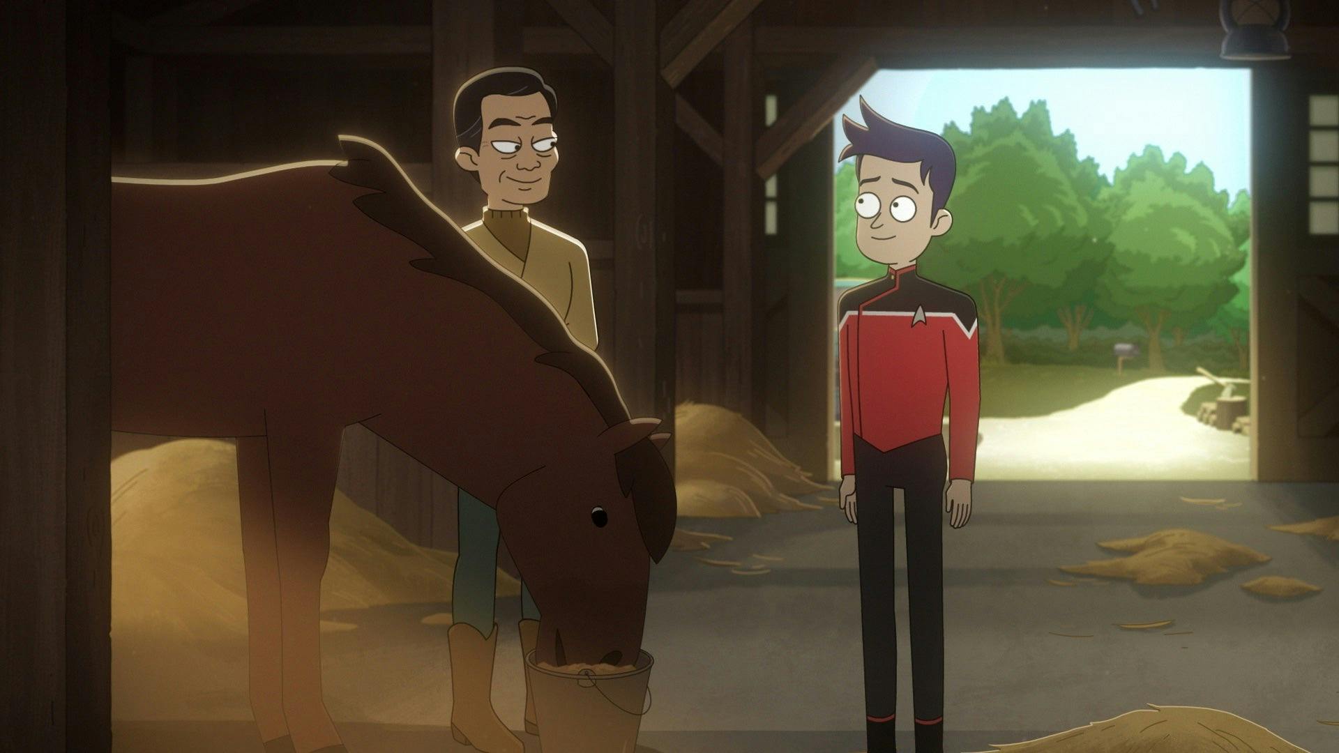 Boimler talks to Sulu as they stand next to a horse.
