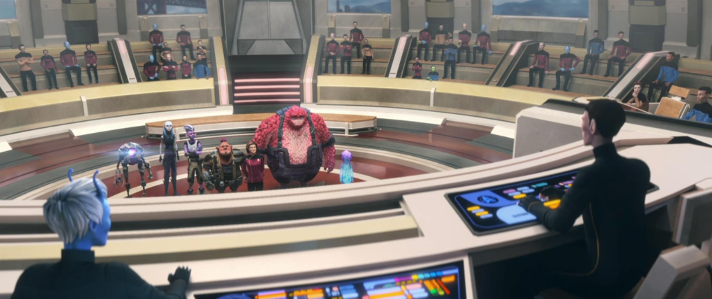 The Protostar crew stands in trial with Janeway in front of Starfleet Academy on Star Trek: Prodigy