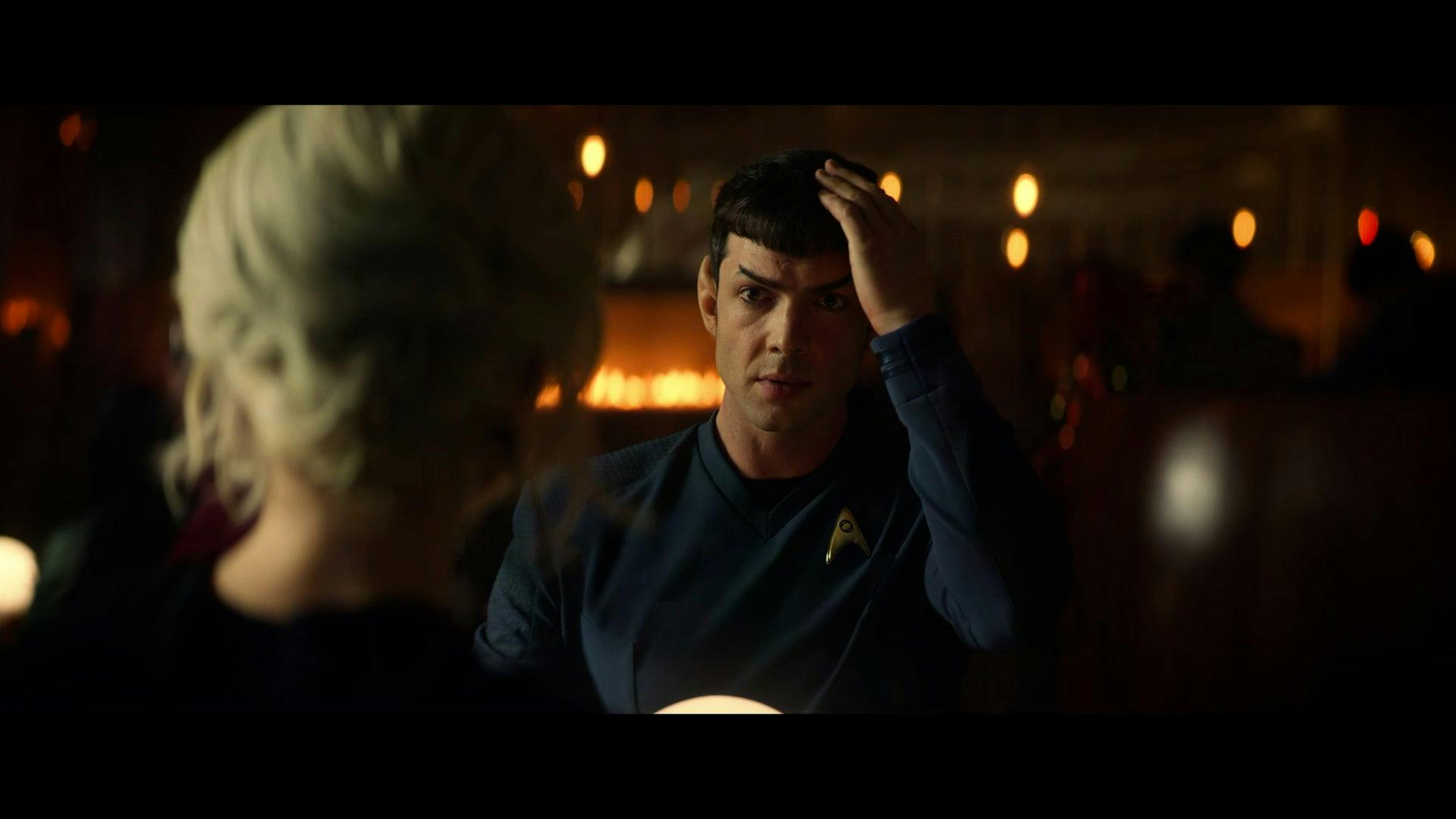 From Strange New Worlds, Spock sitting in front of Chapel touching his head. 