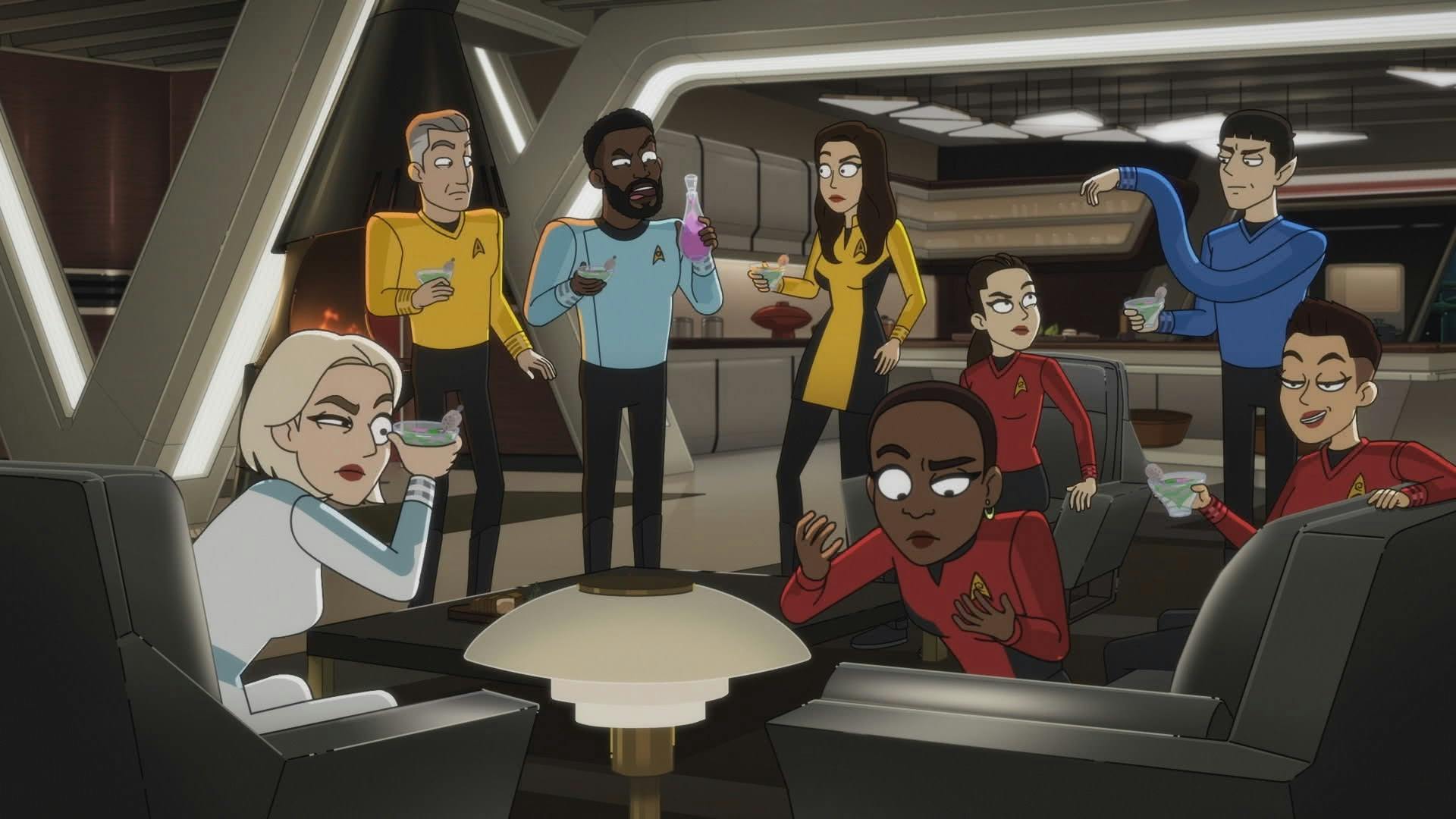 While drinking genuine Orion delaq in Pike's Captain's Quarters, the crew of the Enterprise question its 2D effects on themselves in 'Those Old Scientists'