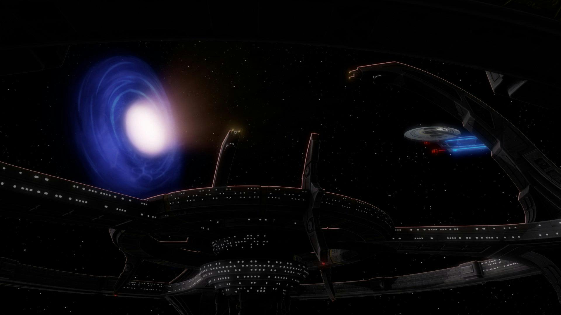 Star Trek: Lower Decks animated still of the Cerritos docking at Deep Space 9 with the worm hole