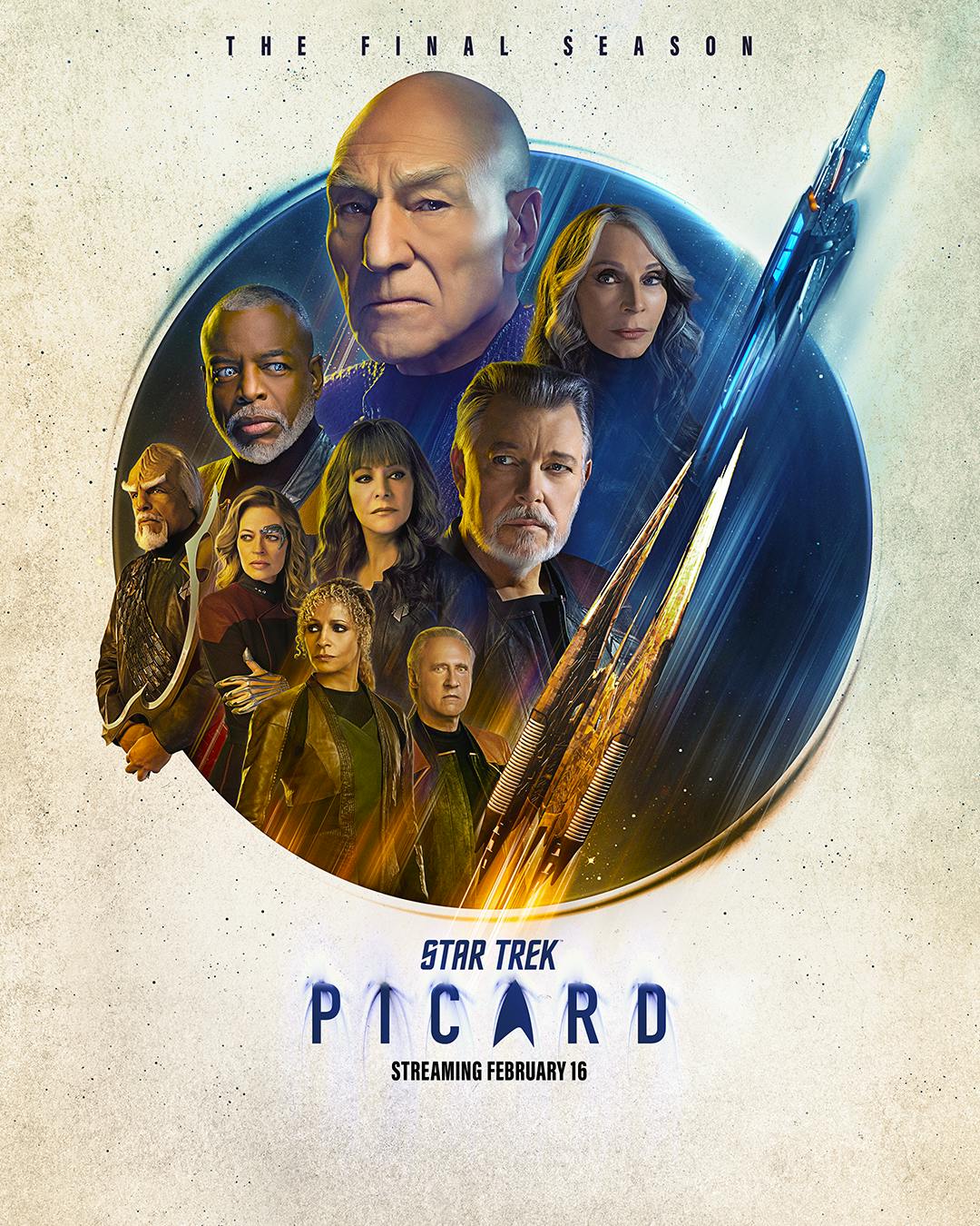 Star Trek: Picard Season 3 teaser art poster featuring Picard, Worf, Dr. Crusher, Riker, La Forge, Deanna Troi, Seven of Nine, Raffi, and Brent Spiner