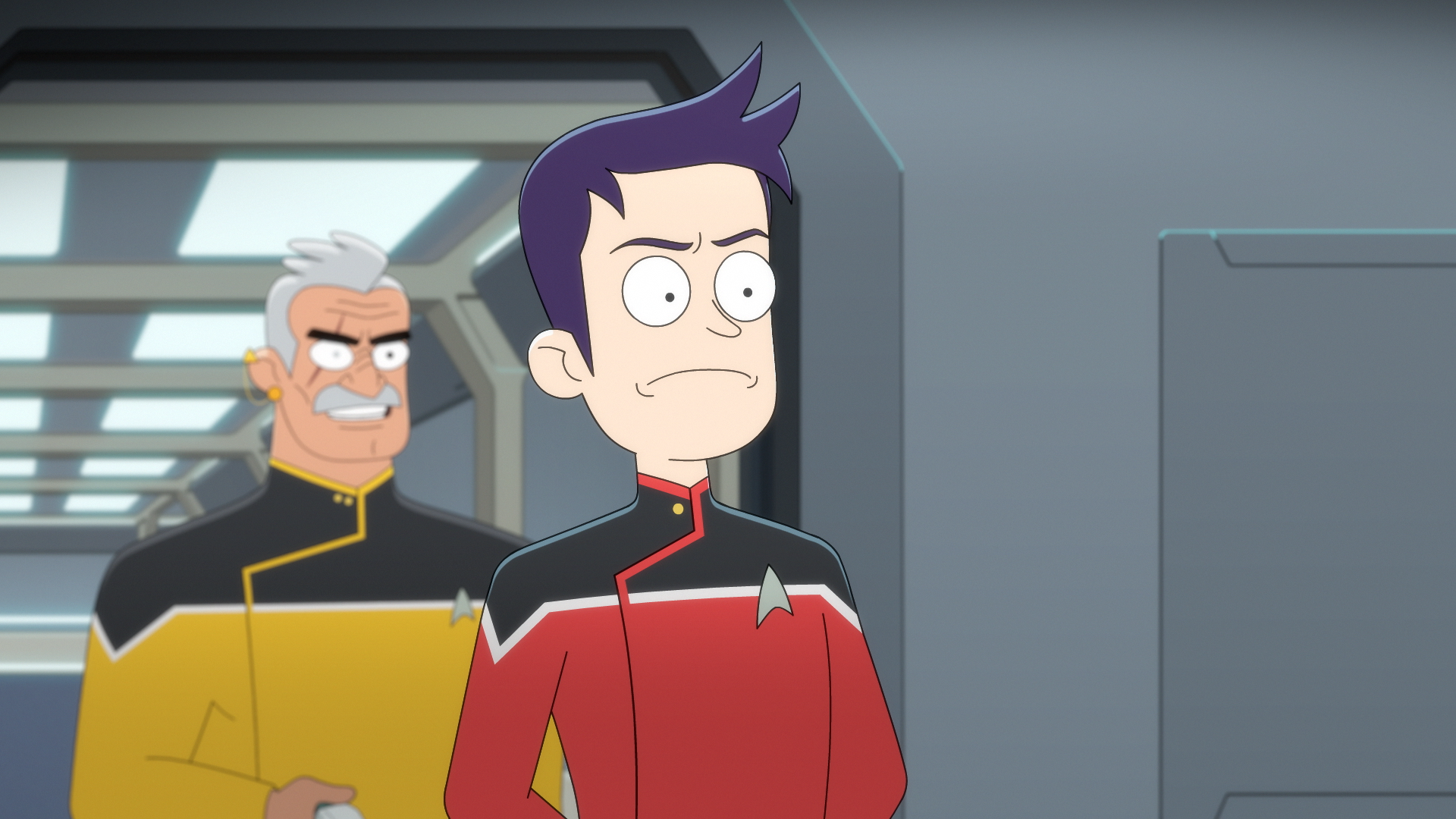 Too Bold Boimler doesn't realize Shaxs is behind him on Star Trek: Lower Decks