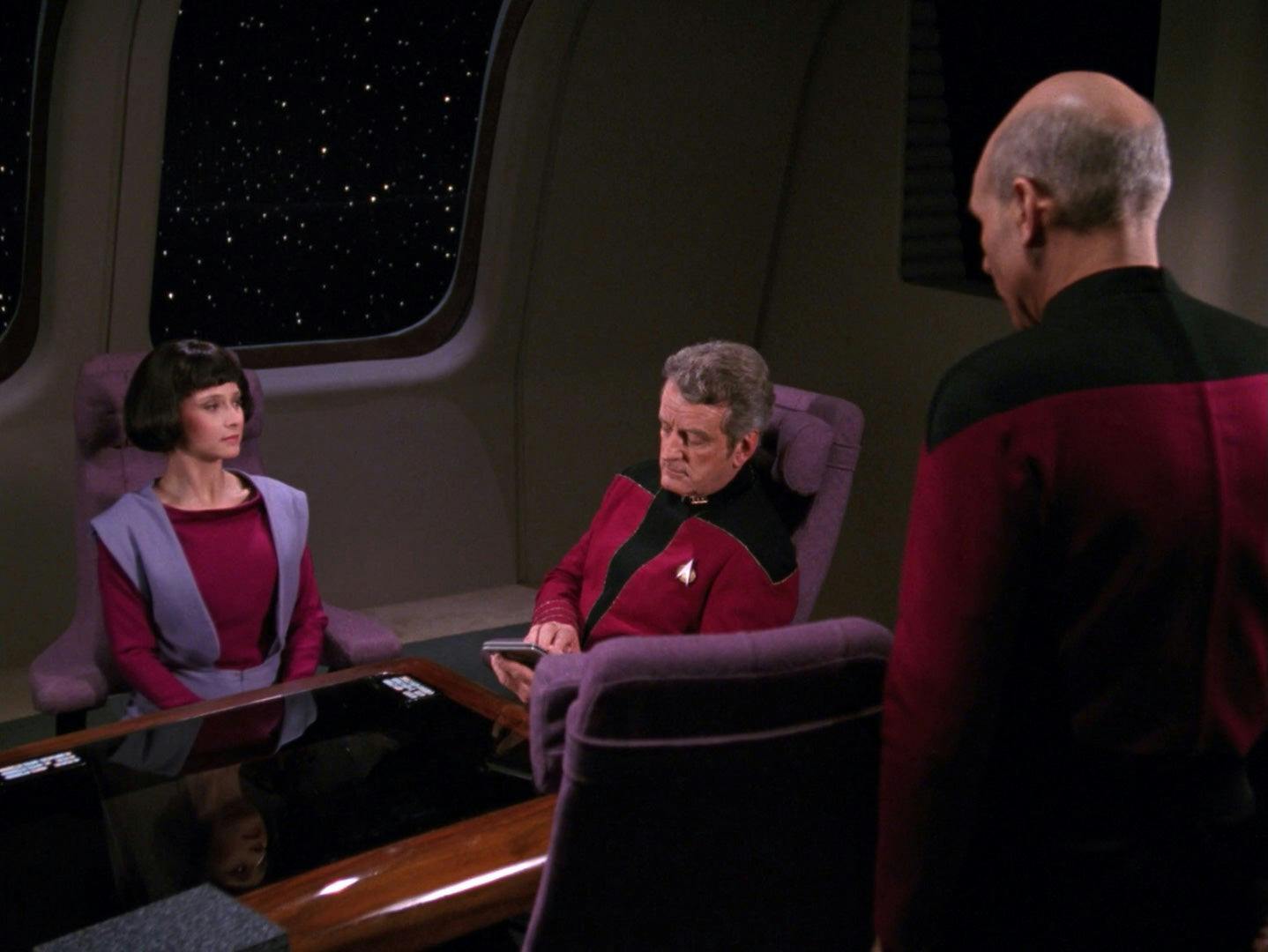 Lal (Hallie Todd), Vice Admiral Anthony Haftel (Nicolas Coster), and Captain Picard in the Observation Deck on Star Trek: The Next Generation “The Offspring”