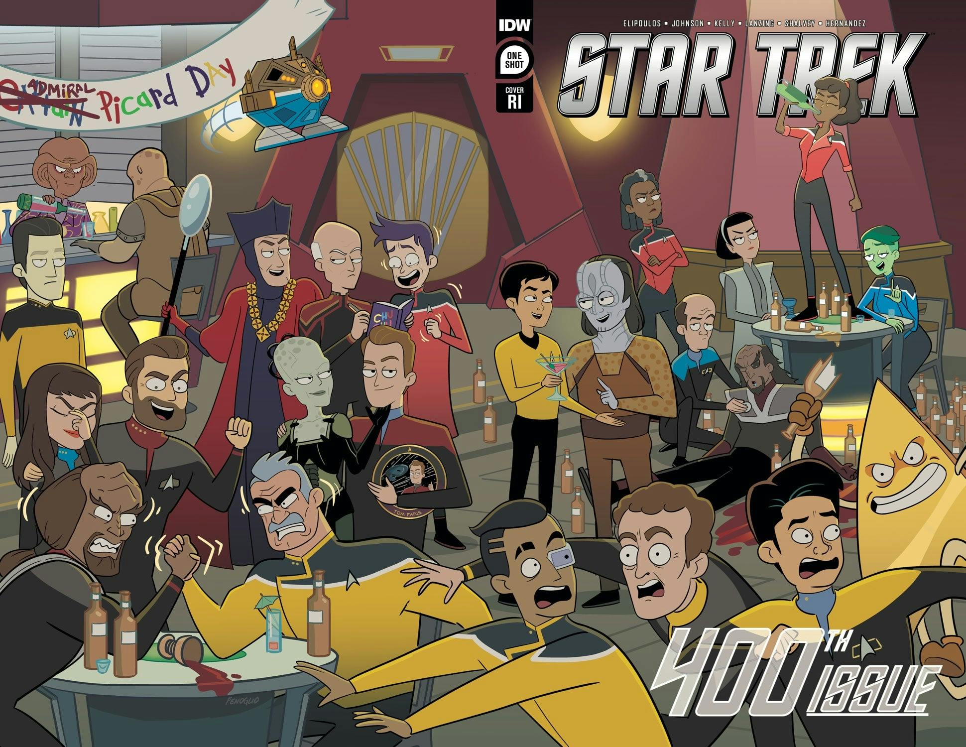 Star Trek #400 cover featuring a variety of characters drawn in the style of Star Trek: Lower Decks.