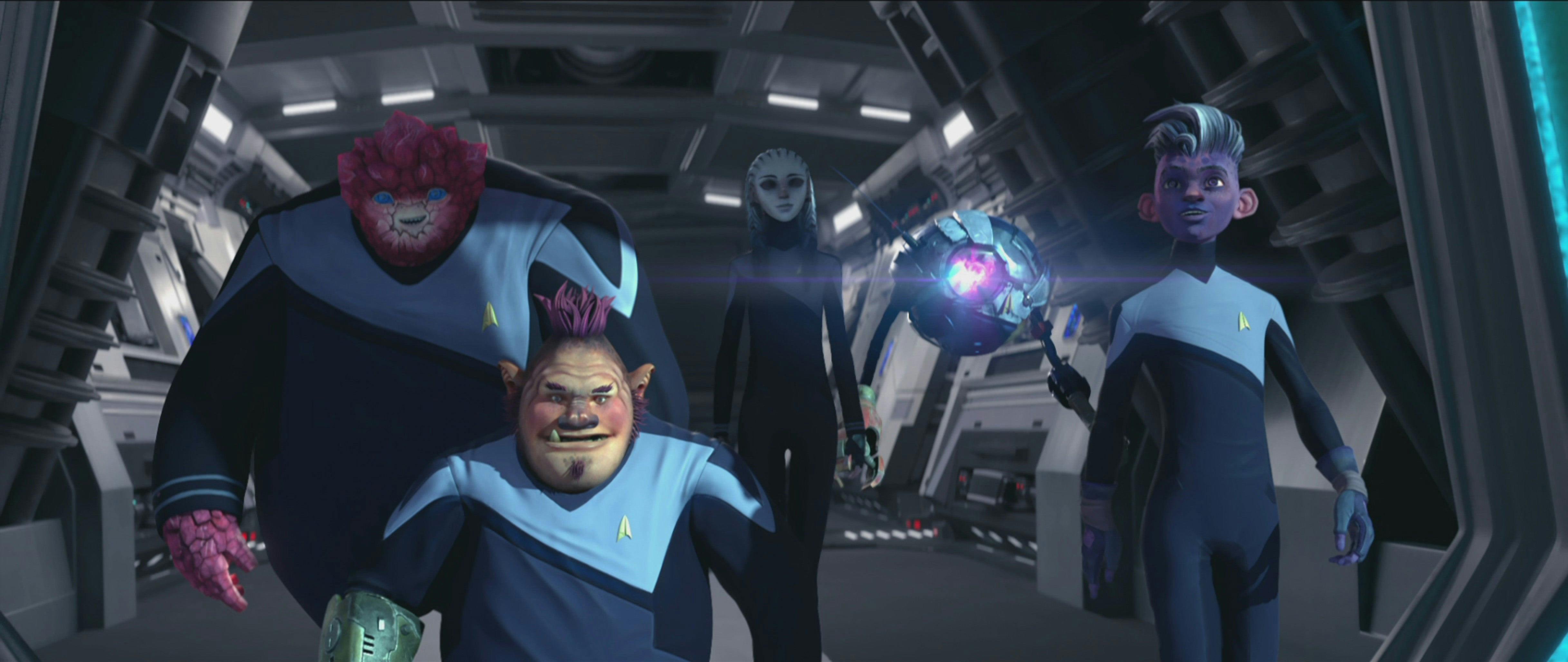 Rok-Tahk, Jankom Pog, Gwyn, Zero, and Dal deboarding the Protostar dock in Star Trek: Prodigy