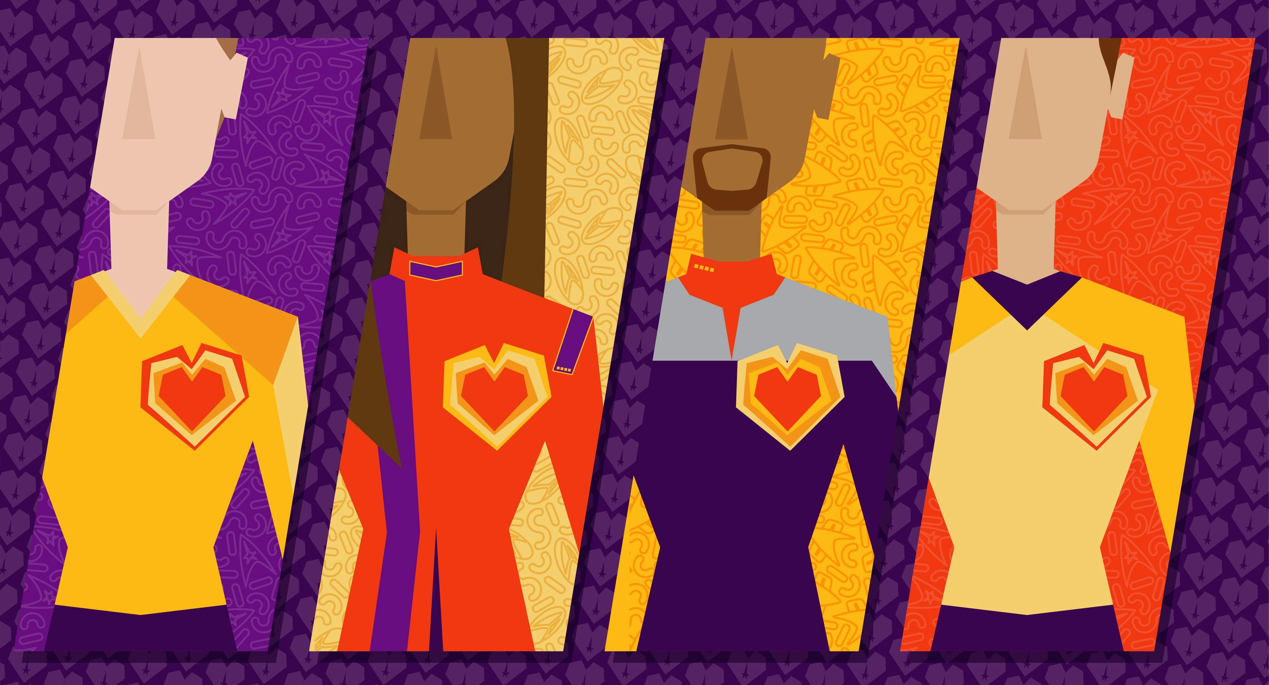 Illustrated versions of Pike, Burnham, Sisko, and Kirk stand in a row. Each captain is wearing their respective uniform, and over their chests there is a heart symbol.