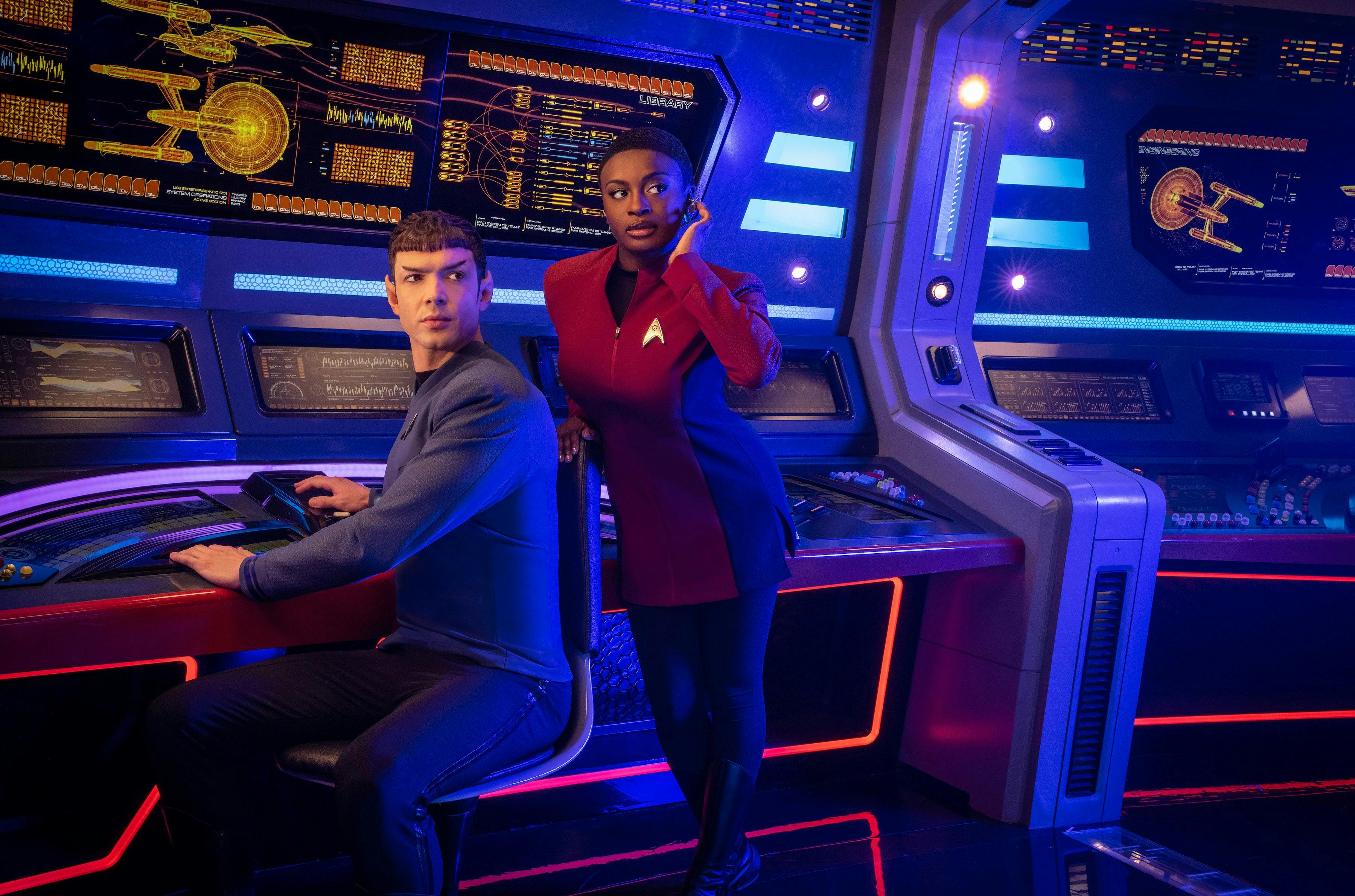 Ethan Peck as Spock and Celia Rose Gooding as Uhura in Star Trek: Strange New Worlds Season 2 promotional images