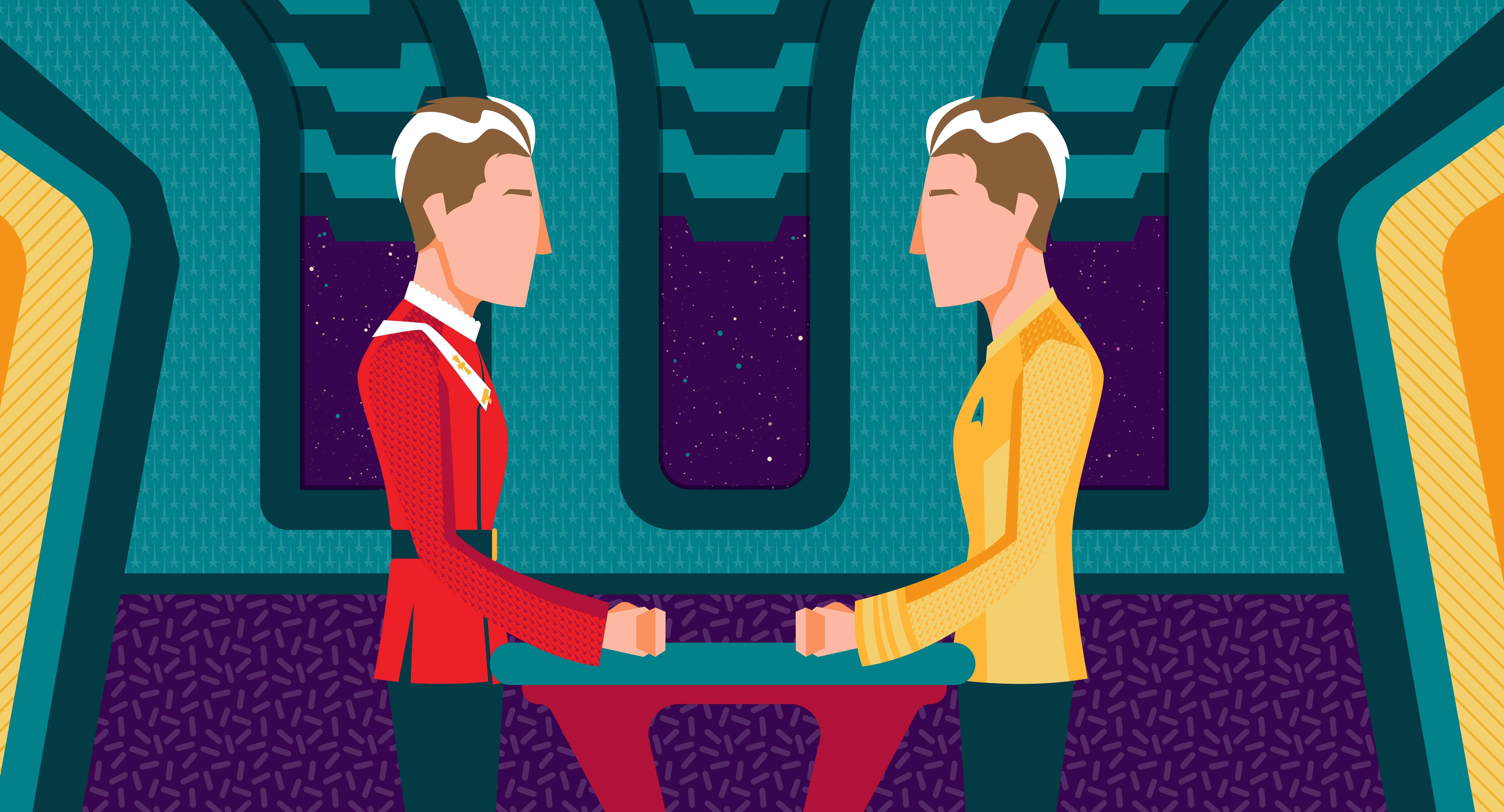 Star Trek Strange New Worlds recap illustrated art with Admiral Pike and Captain Pike