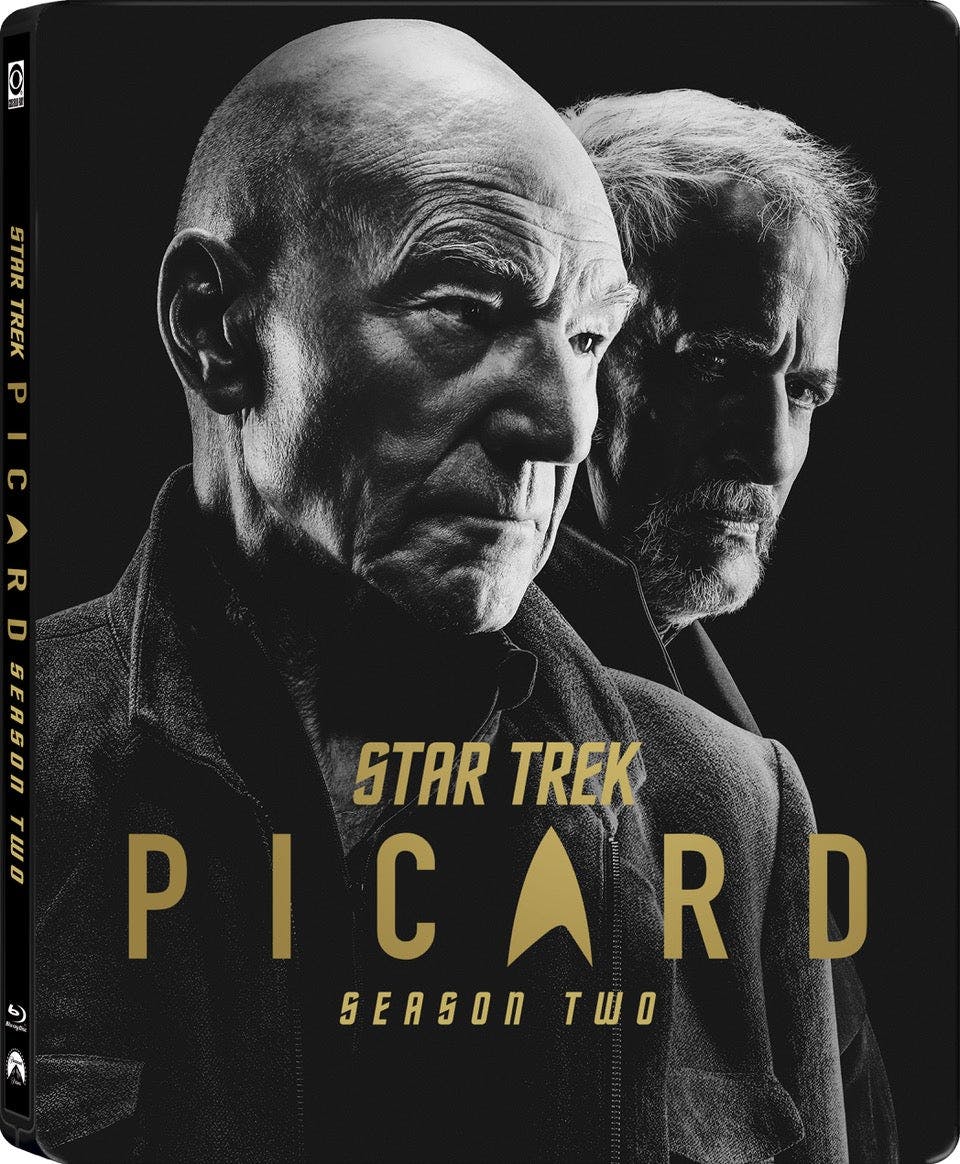 The cover of the Star Trek: Picard - Season Two DVD, Blu-ray, and Steelbook, which features a black and white image of Picard with Q standing slightly behind him. The title 