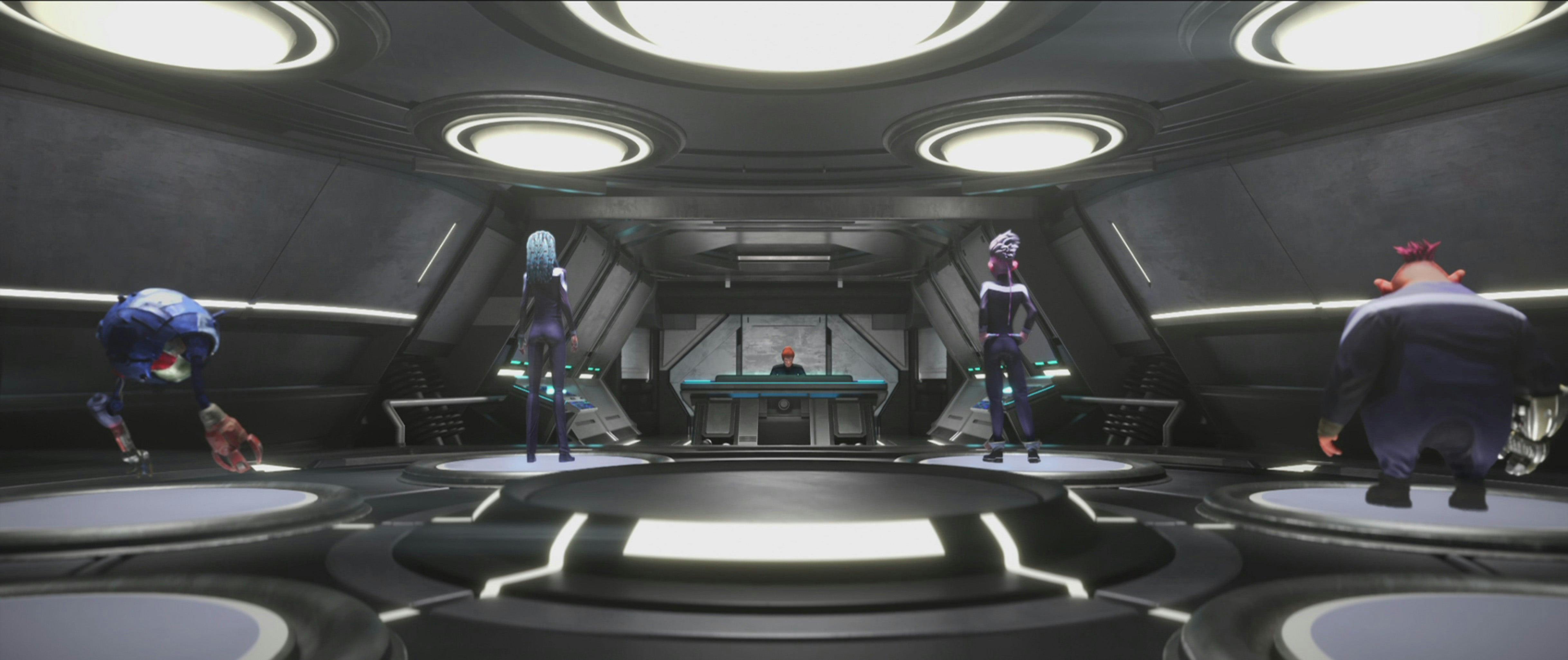 The backside of Zero, Gwyn, Dal, and Jankom Pog on a teleporting pad on Star Trek: Prodigy