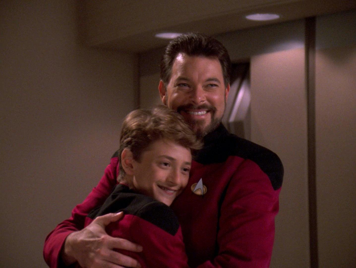 Will Riker hugging a kid Picard in The Next Generation's Rascals
