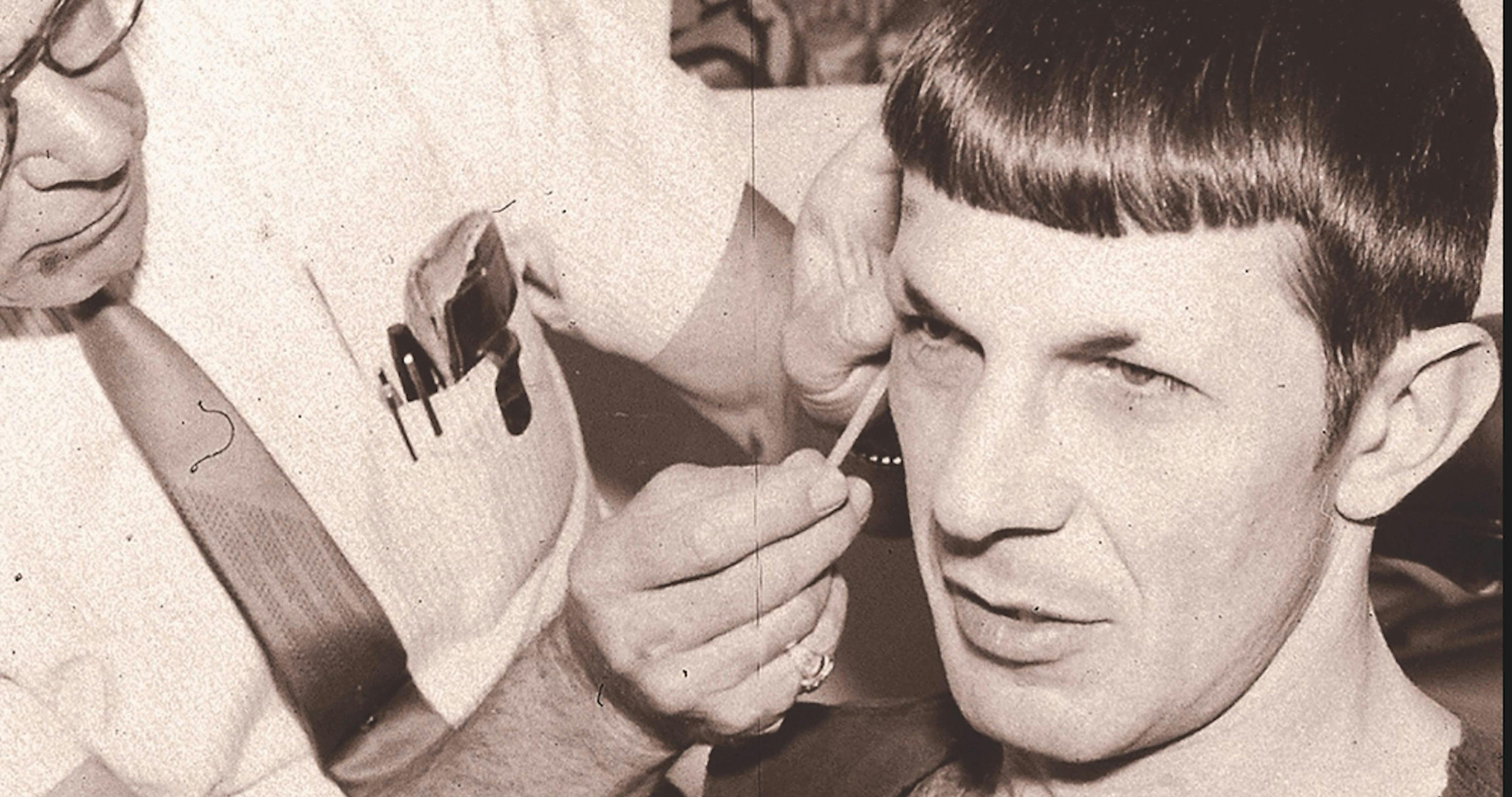 Leonard Nimoy's ears being applied during the production of Star Trek: The Original Series.