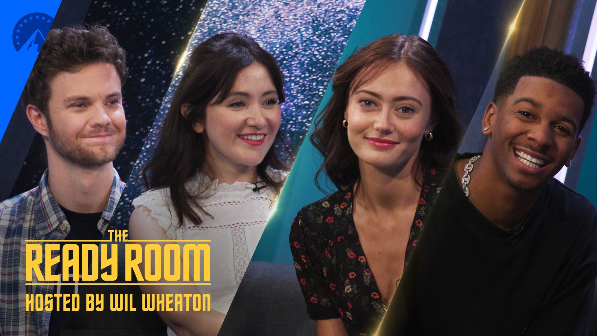 The Ready Room banner featuring Lower Decks' Jack Quaid and Noël Weels, and Prodigy's Ella Purnell and Brett Gray