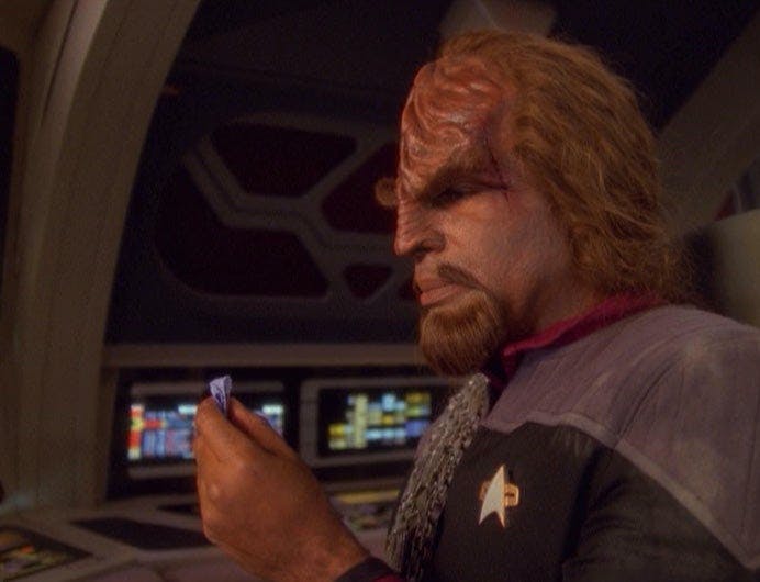 While stranded in an escape pod for some time, Worf indulged in singing some Gav'ot toH'va, a Klingon opera with ambitious solo passages in 'Penumbra'