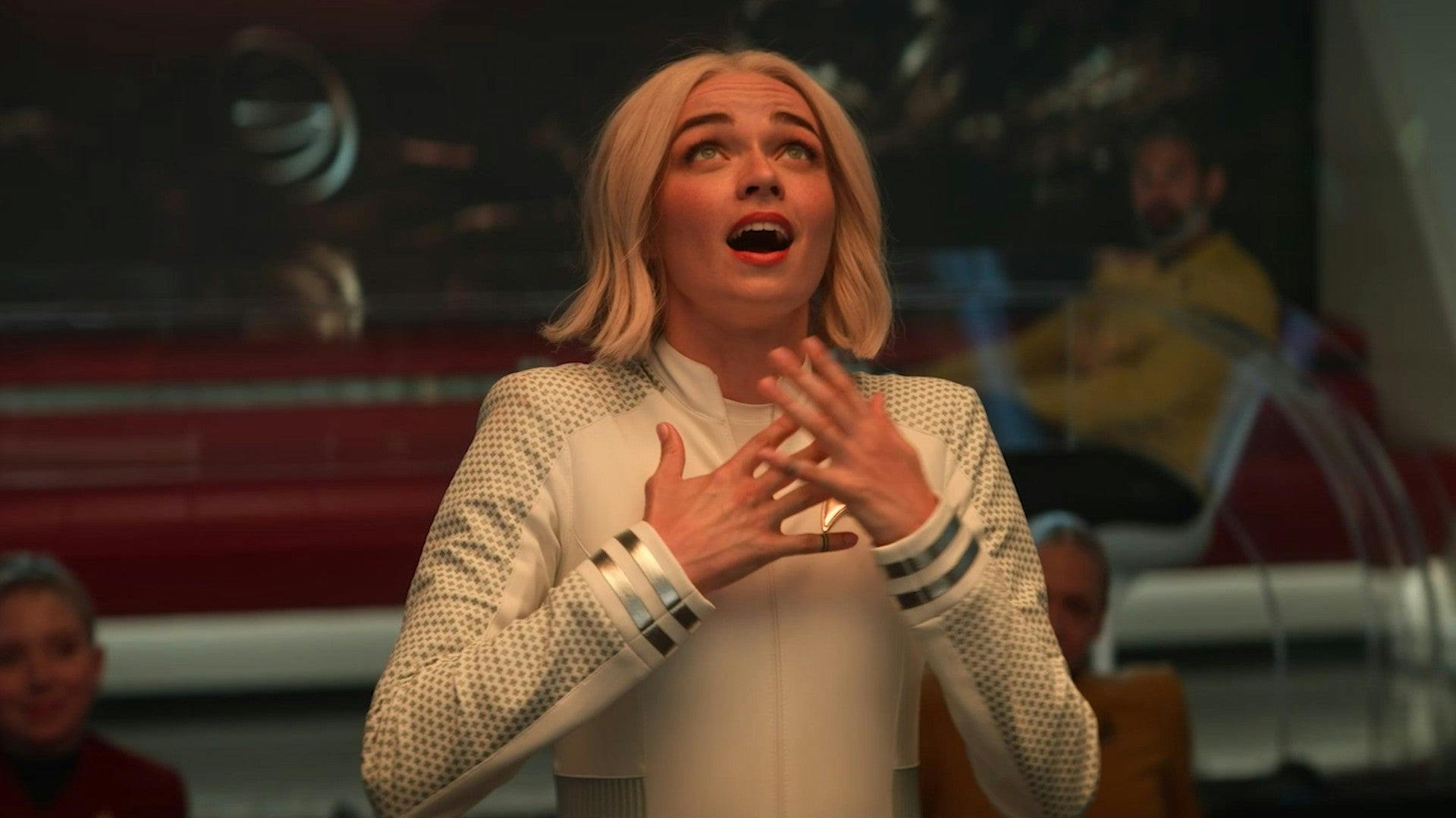 Christine Chapel, overwhelmed by emotions, erupts in song in the Enterprise's mess in 'Subspace Rhapsody'