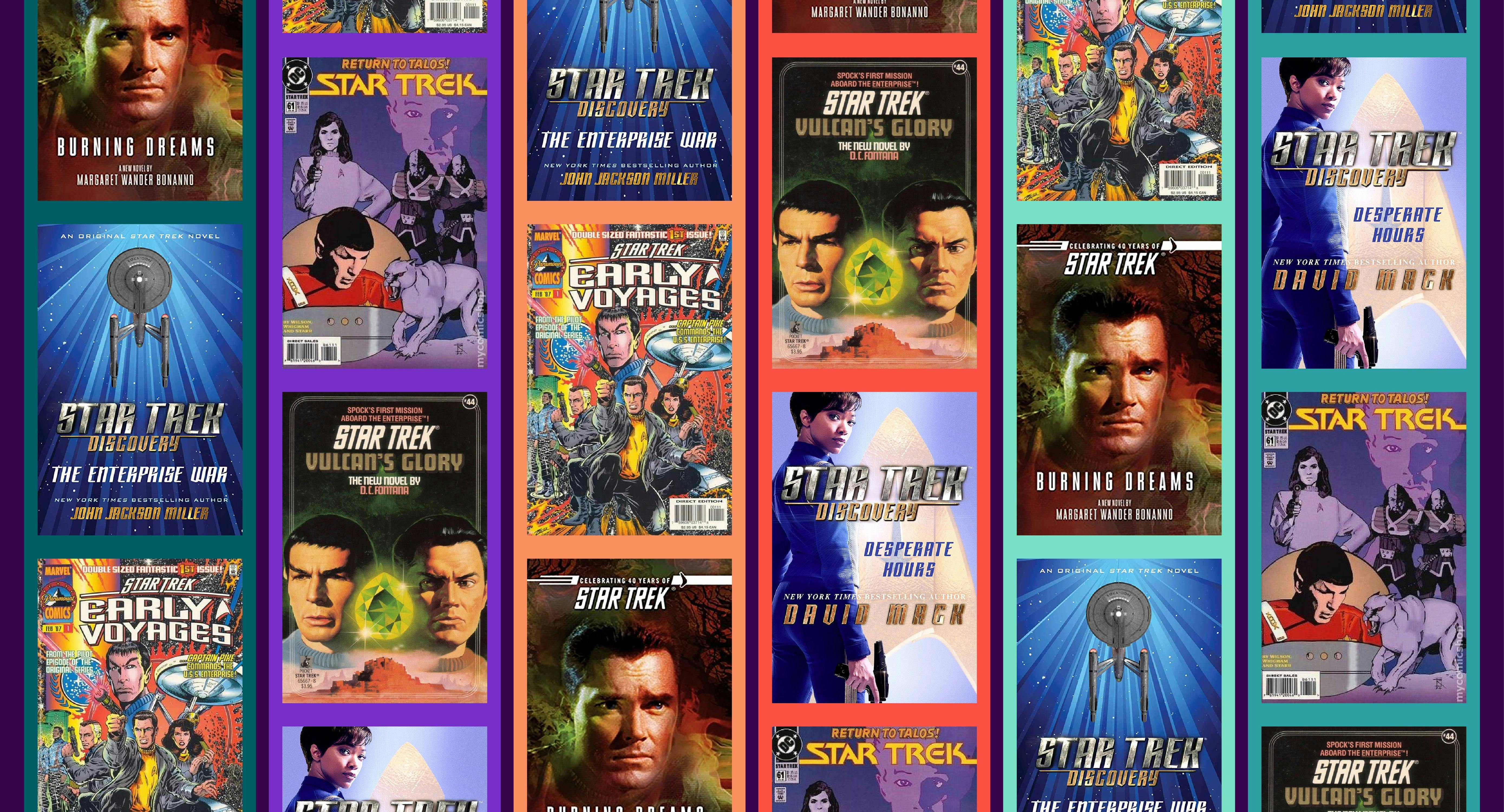 Illustrated banner of books and comics that cover Captain Pike tales