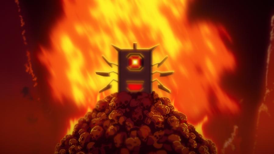 Agimus sits atop a pile of skulls in the Star Trek: Lower Decks episode 