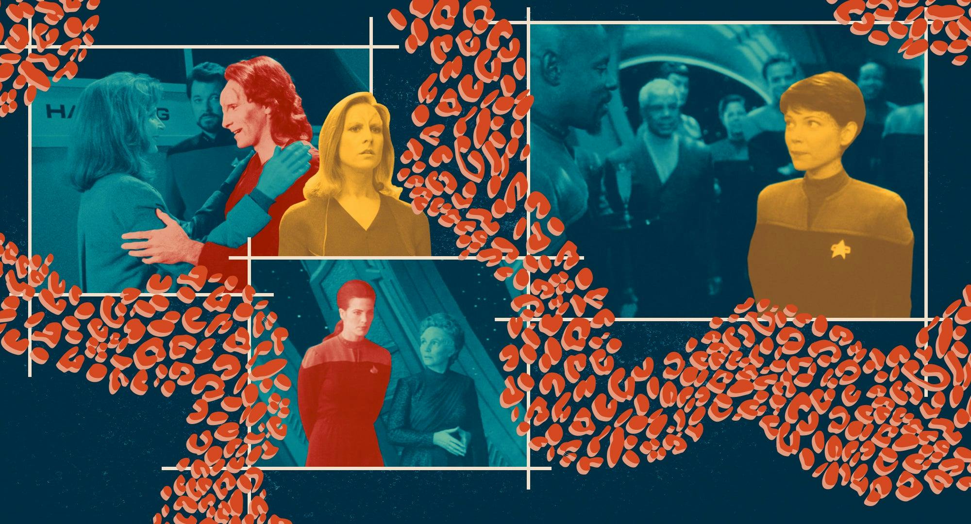 Illustrated collage featuring Trill spots and episodic stills of Trill-centric Star Trek episodes