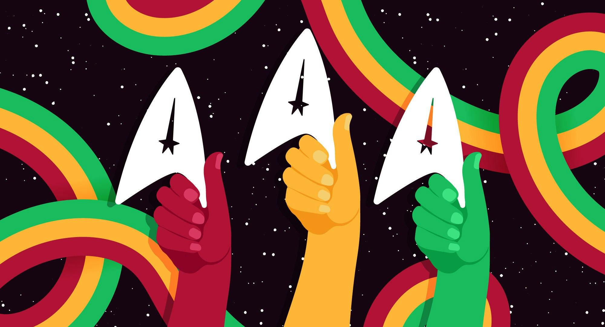 Illustrated banner featuring three hands (in red, yellow, and green) holding up the Star Trek delta