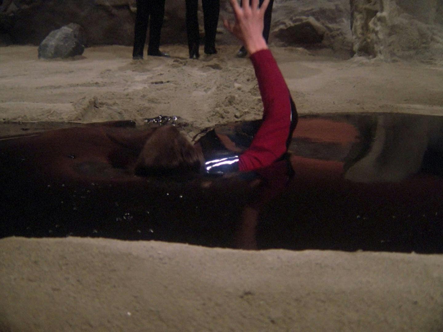 In front of his crewmates, Riker is pulled into Armus' pit of evil in 'Skin of Evil'
