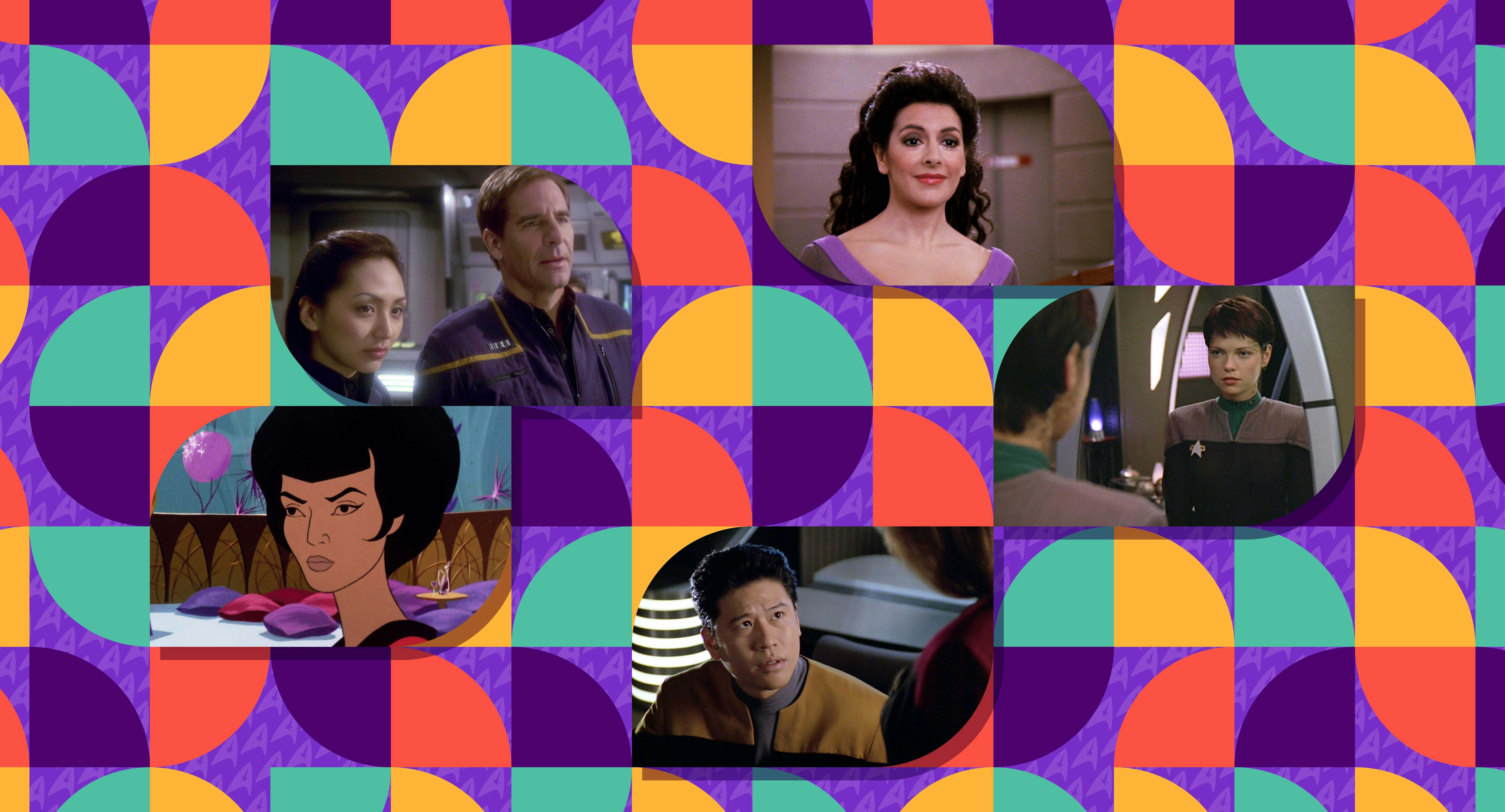 A collage of images from Star Trek shows set against a background of circular designs.