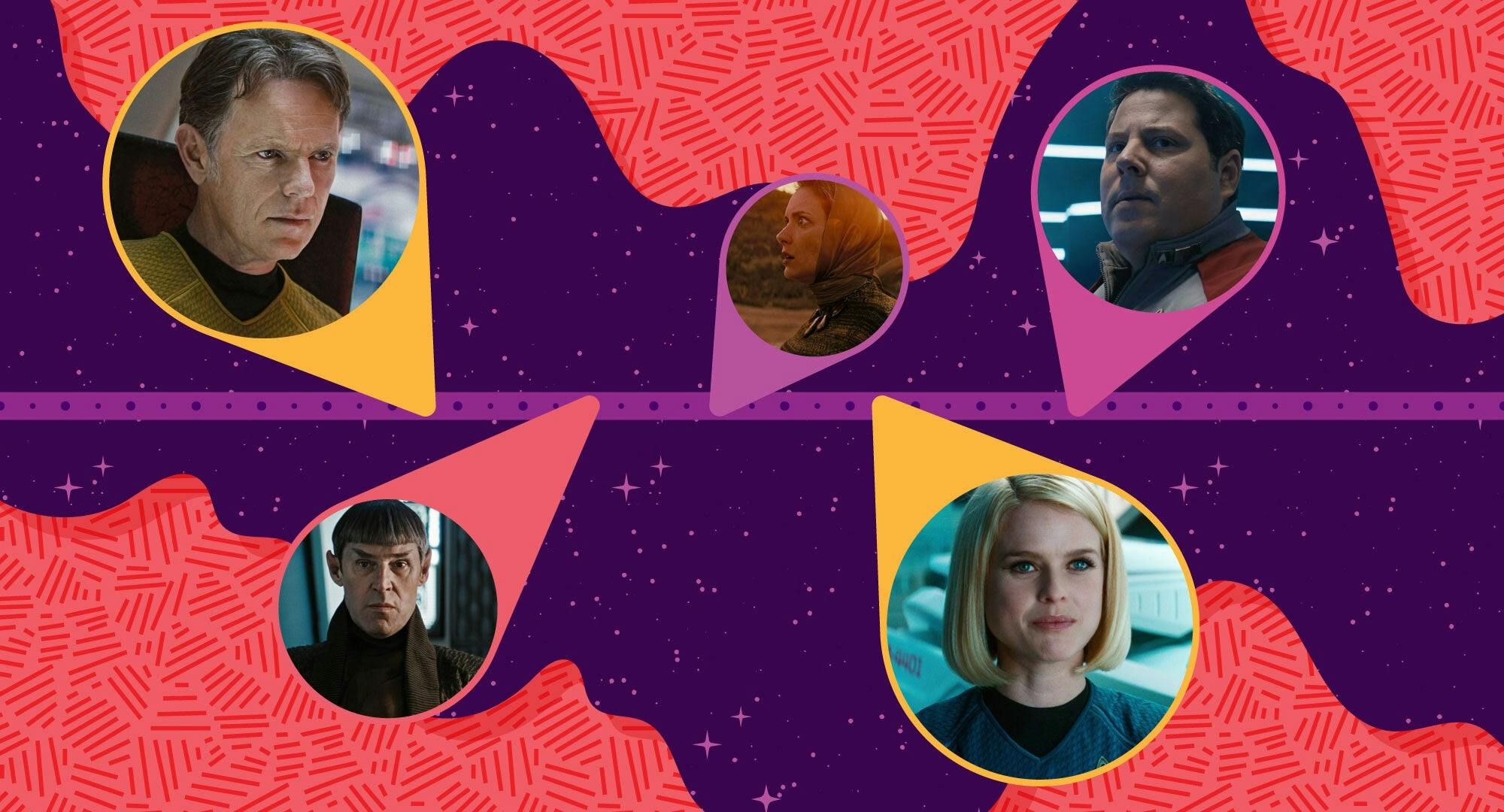 Illustrated banner featuring Kelvin timeline characters Pike, Sarek, Amanda Grayson, Carol Marcus, and Finnegan