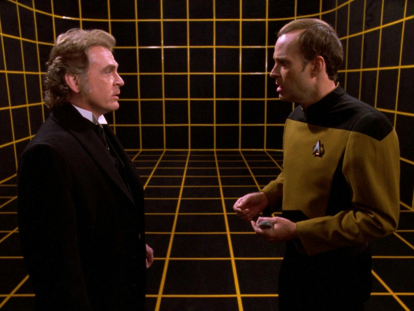 On the holodeck, Professor Moriarty stands face to face with Barclay in 'Ship in a Bottle' 