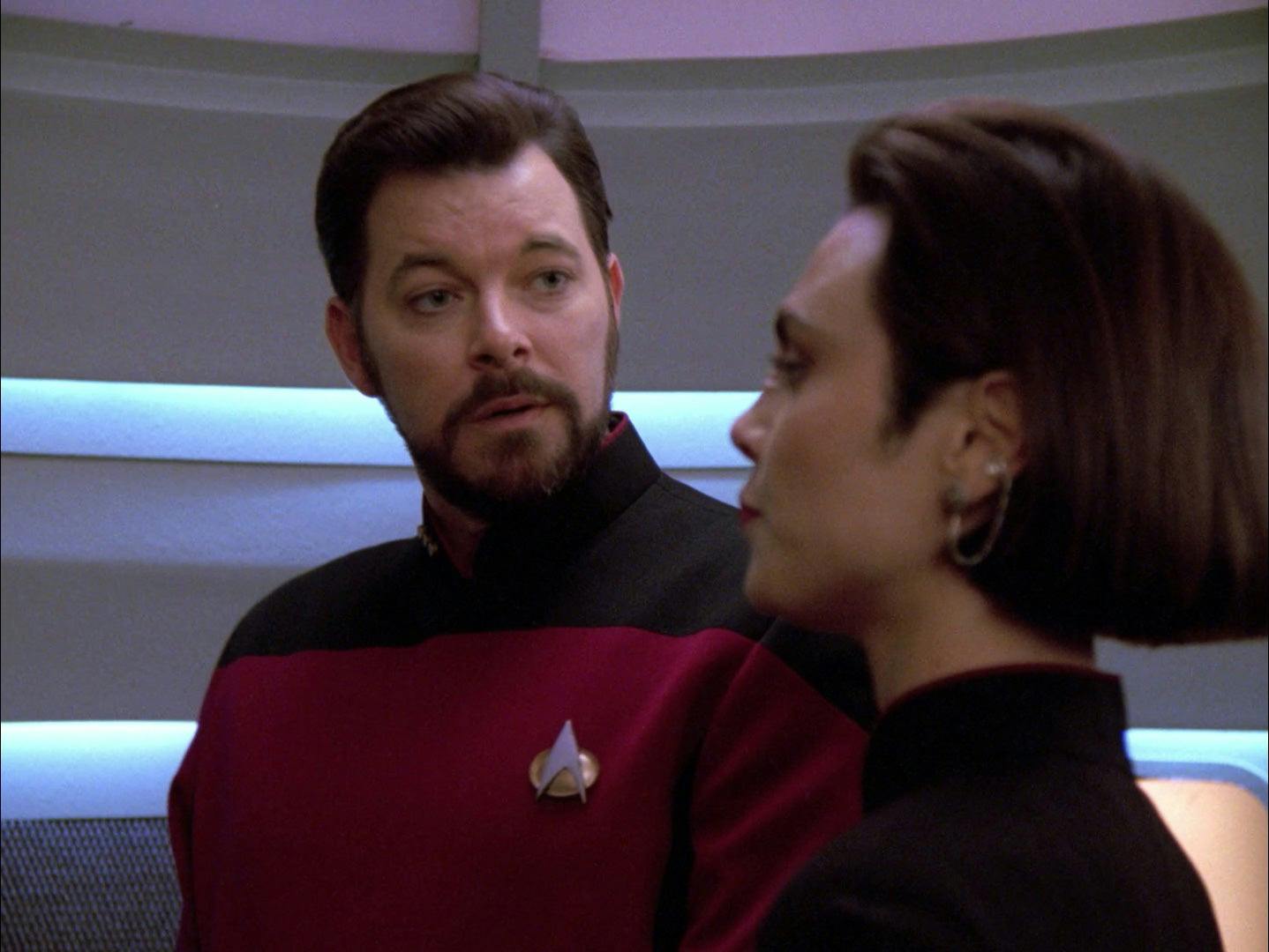 Riker faces Ensign Ro Laren in the turbolift in 'Conundrum' 