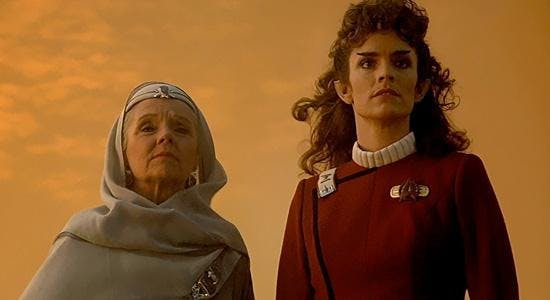 Jane Wyatt as Amanda Grayson and Robin Curtis as Saavik on Vulcan in Star Trek: The Voyage Home
