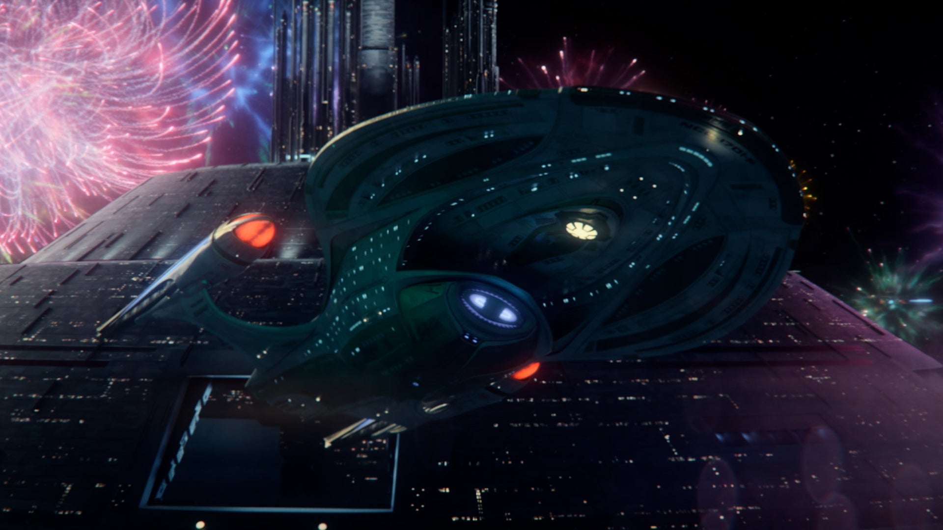 Still of Frontier Day celebration with fireworks bursting in the back