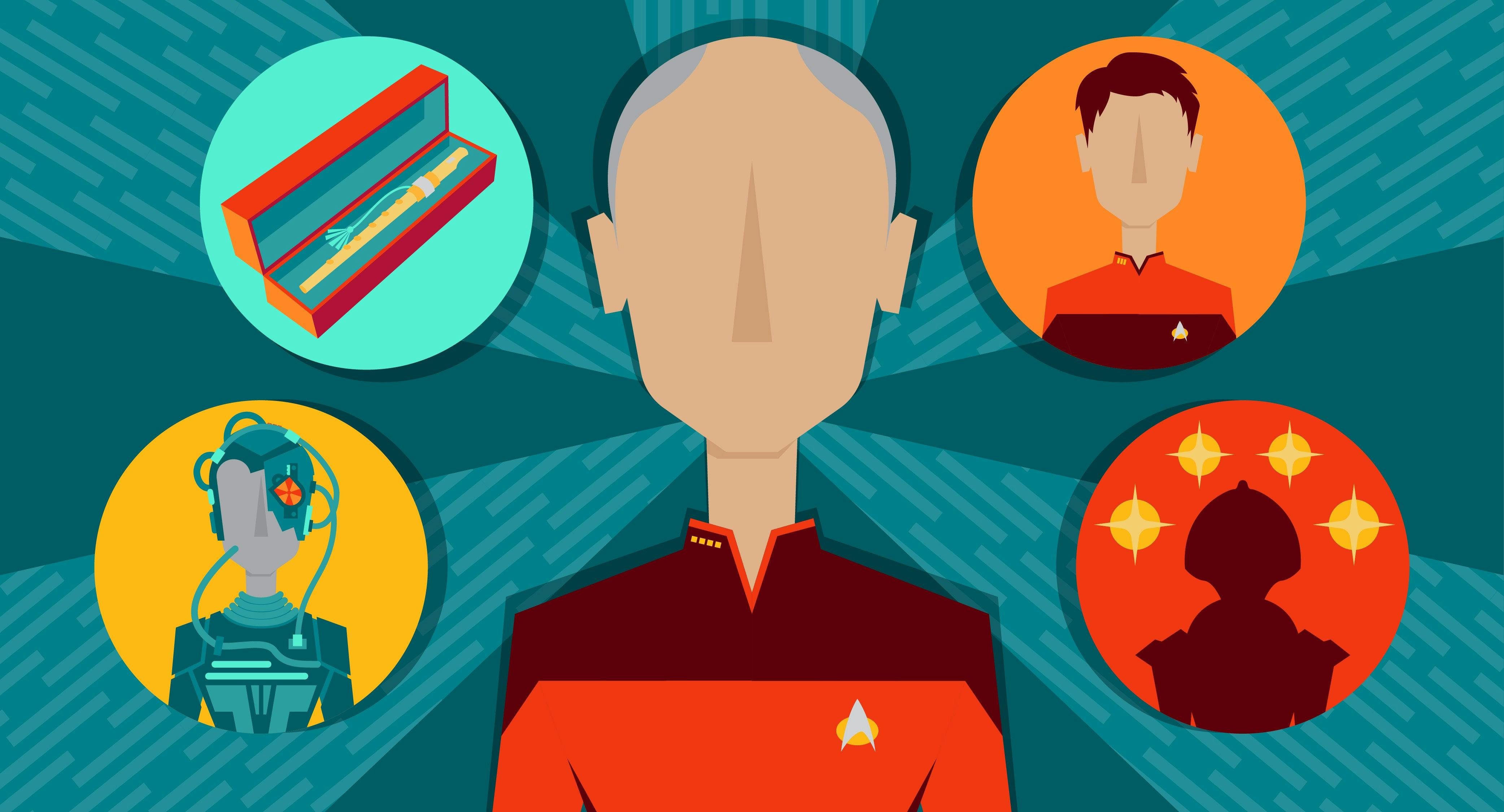 Graphic illustration of Captain Jean-Luc Picard surrounded by inset illustrations of Locutus of Borg, his Ressikan flute, Wesley Crusher, and his Cardassian captor haloed by four lights