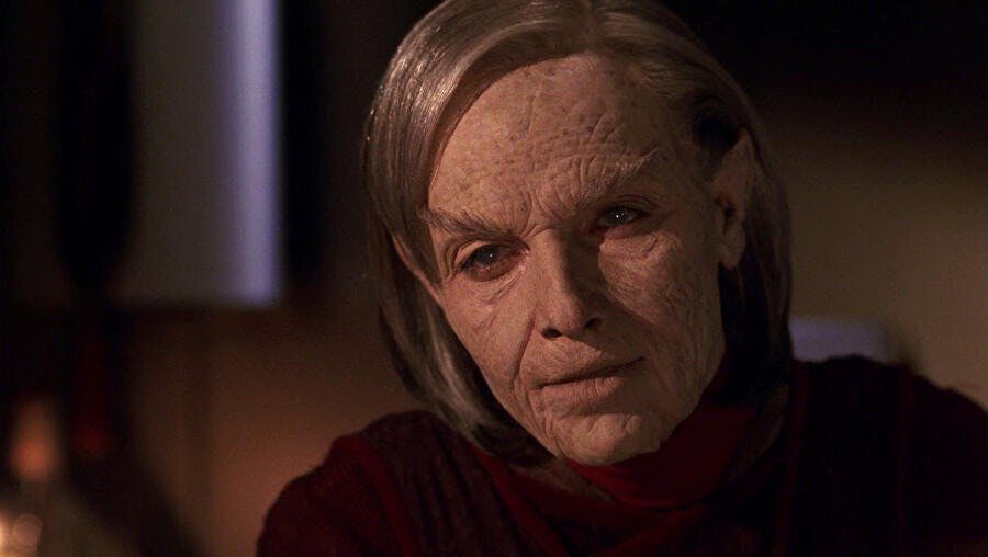 A close-up of the elder T'Pol as she gazes forward in 'E²'