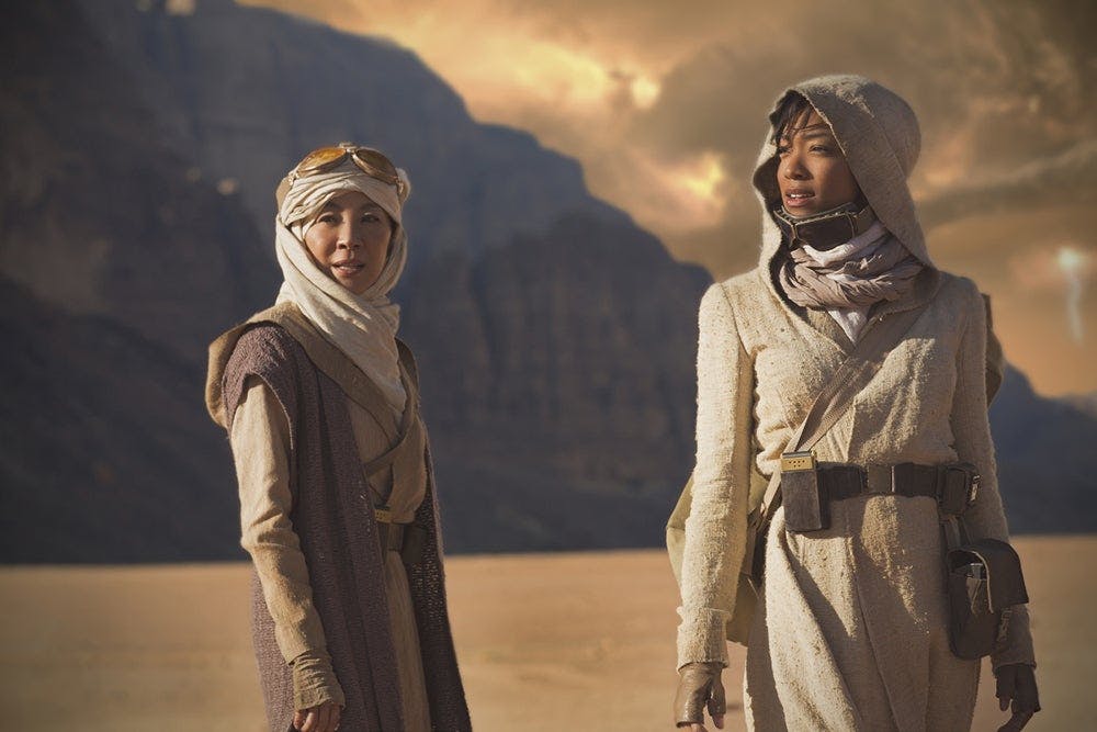 Captain Georgiou and Michael Burnham in civilian attire on the surface of a planet in 'The Vulcan Hello'