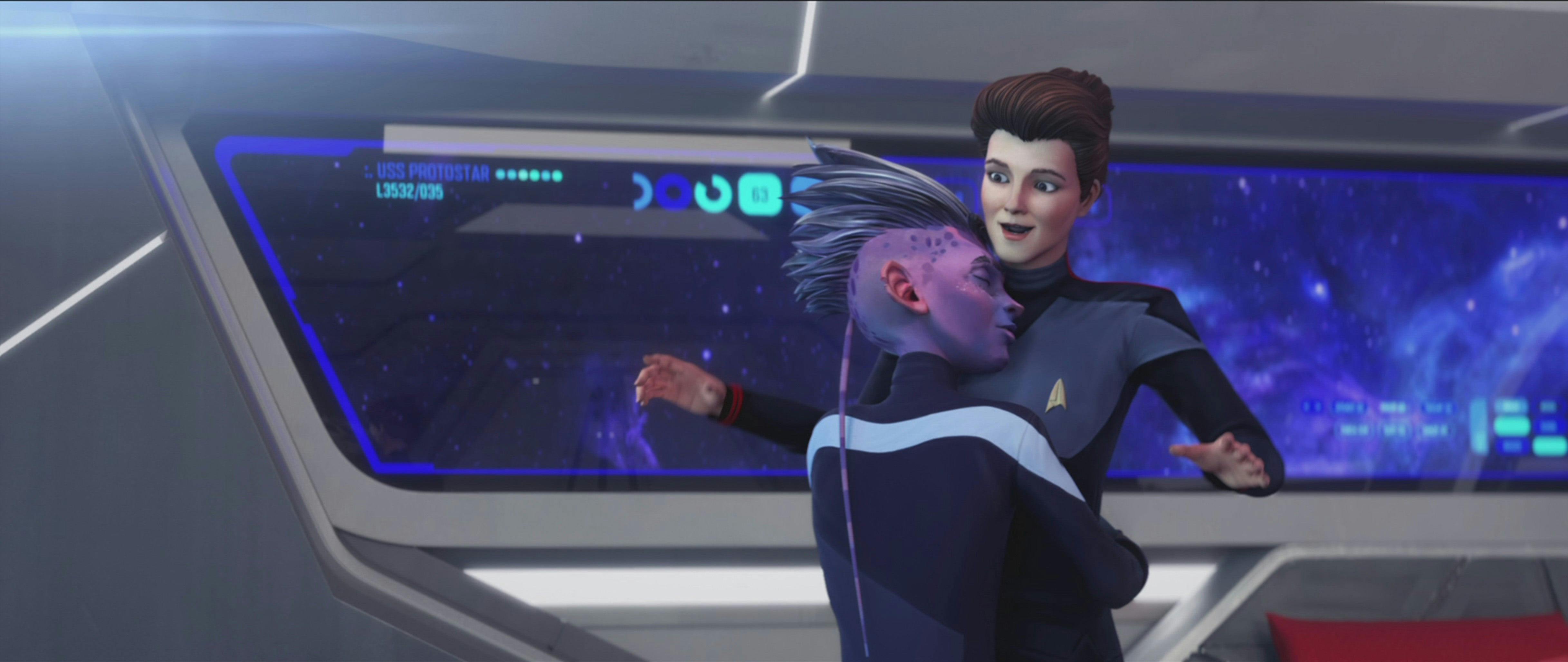 Dal hugs a shocked Holo-Janeway aboard the Protostar in Star Trek: Prodigy