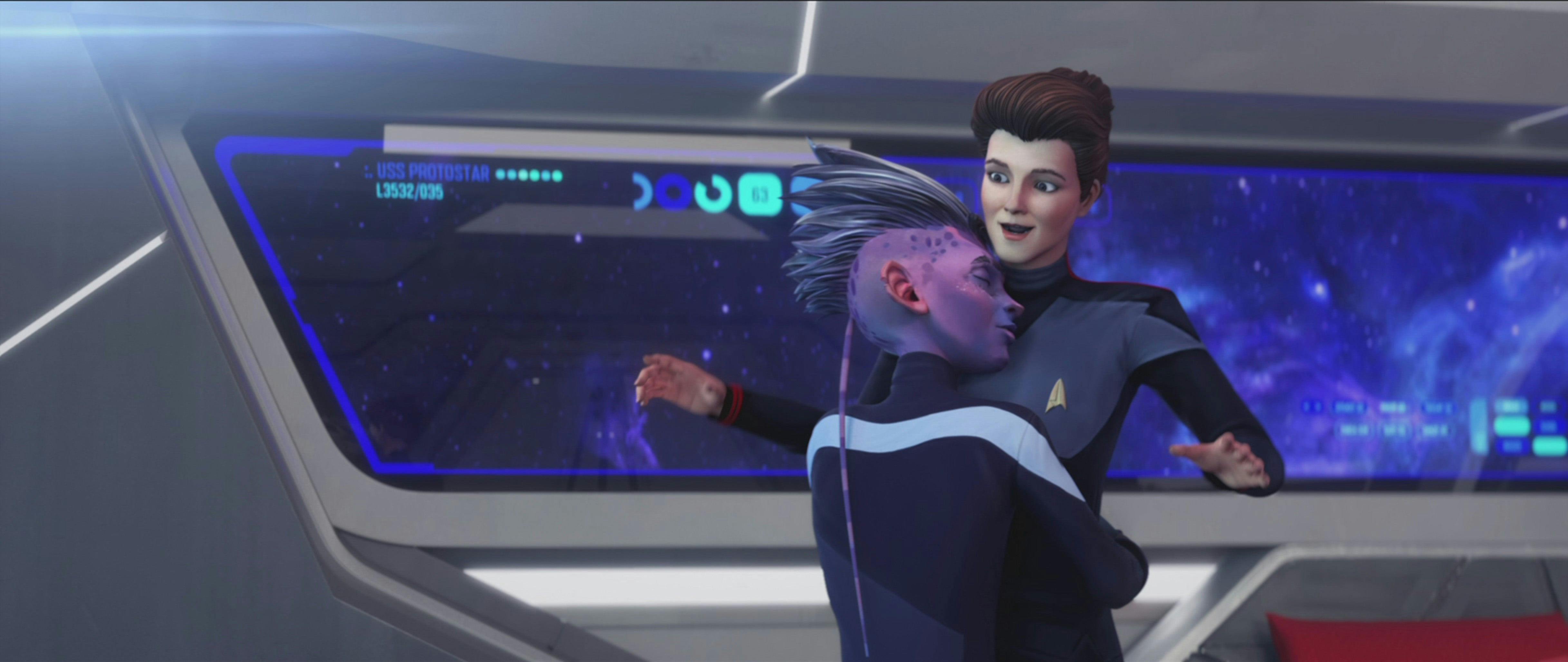 Dal hugs a shocked Holo-Janeway aboard the Protostar in 'Asylum'