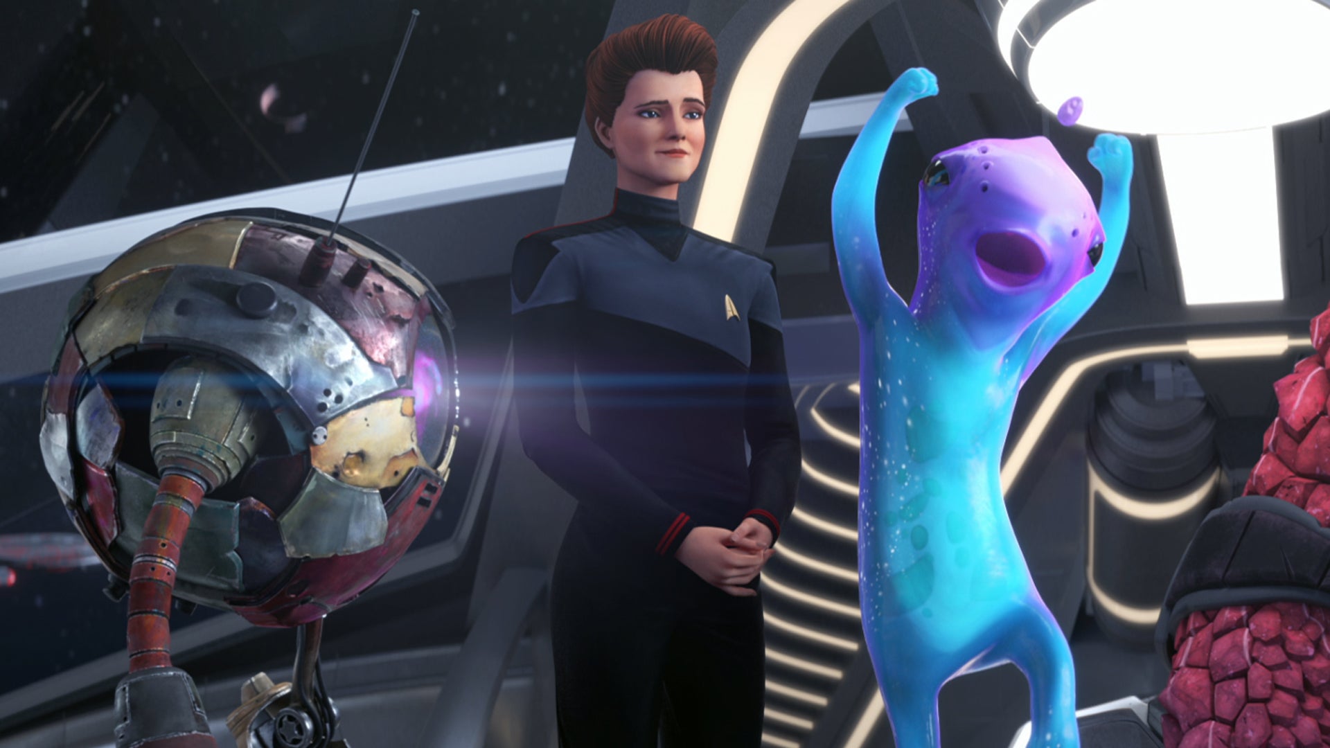 On the Bridge of the Protostar, Murf jumps in excitement as Holo-Janeway and Zero looks over - Star Trek: Prodigy