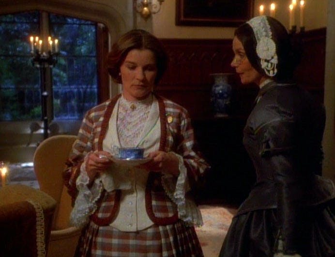 Janeway as Ms. Davenport chastized by Mrs. Templeton in her holo-novel on Star Trek: Voyager